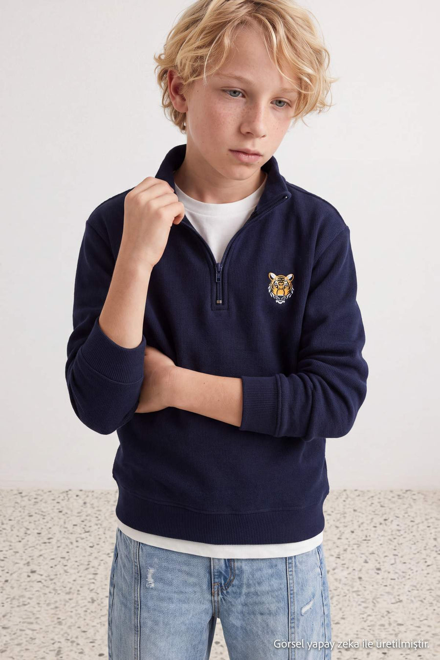Boys' Navy Printed High-Neck Sweatshirt