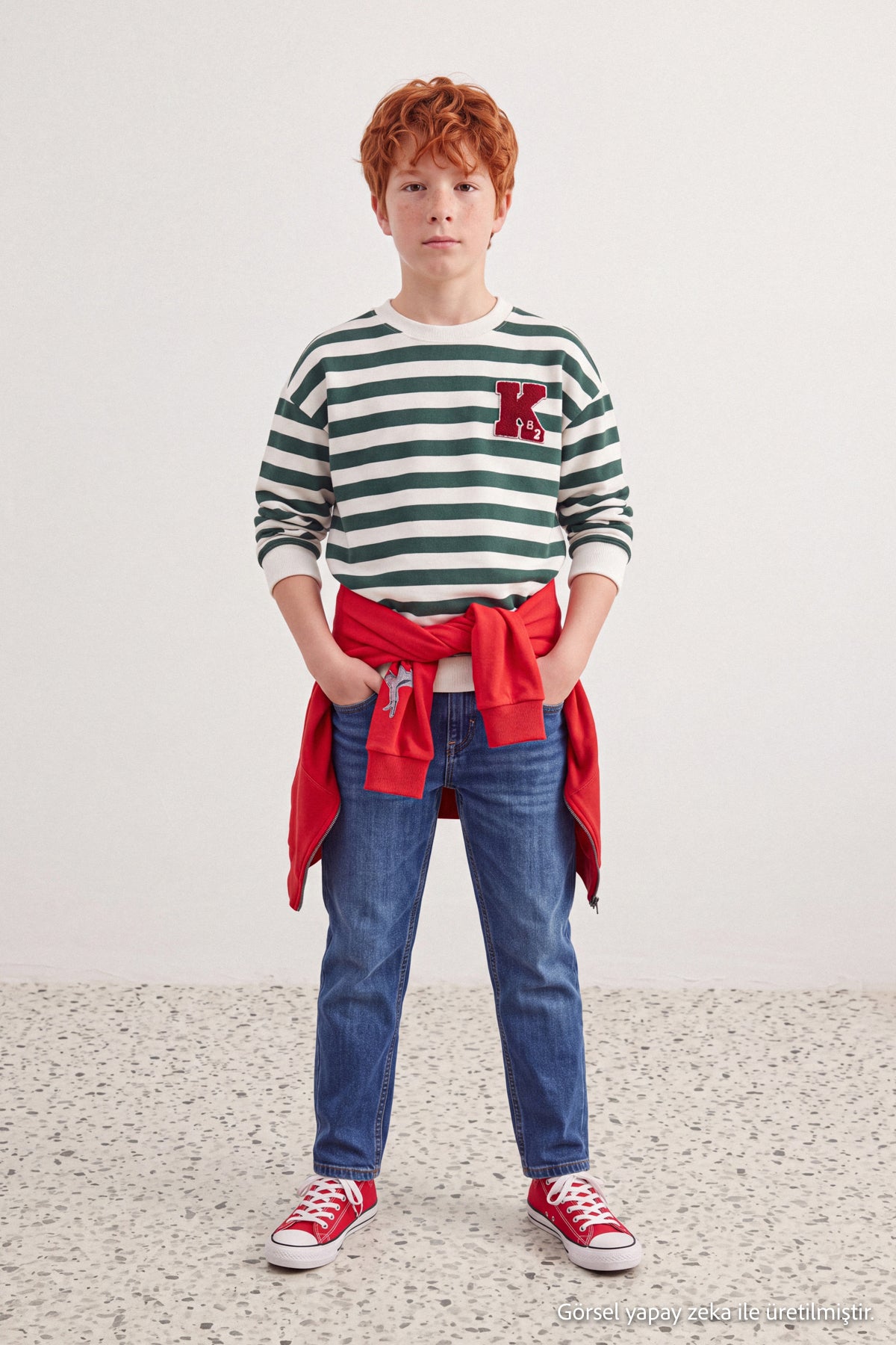Boys' Green Striped Embroidered Thick Sweatshirt