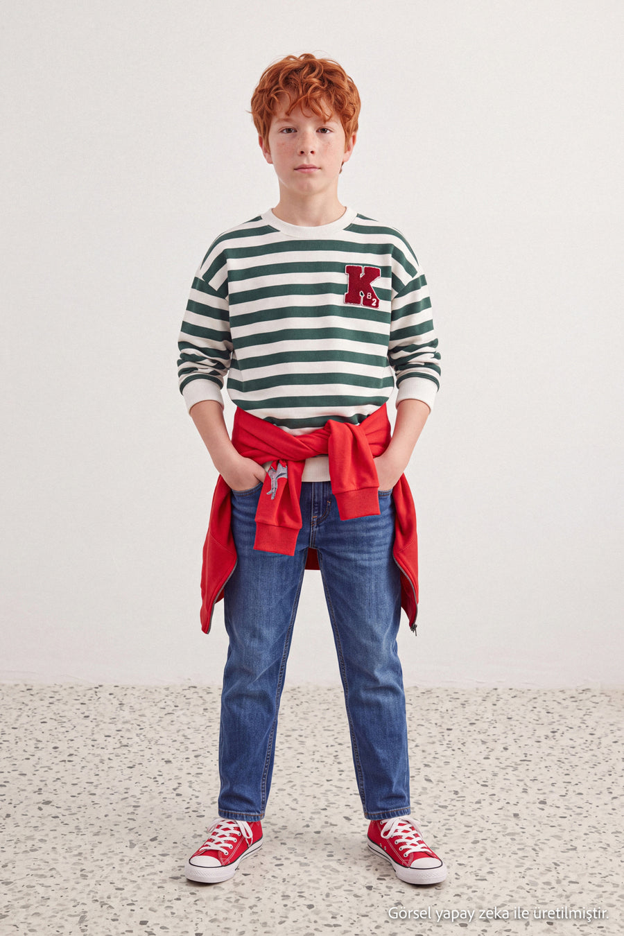 Boys' Green Striped Embroidered Thick Sweatshirt