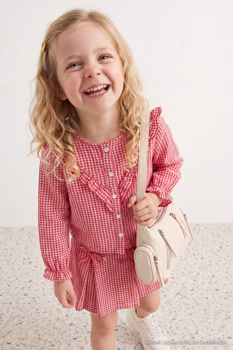 Girls' Red Gingham Ruffled Shirt & Skirt Set