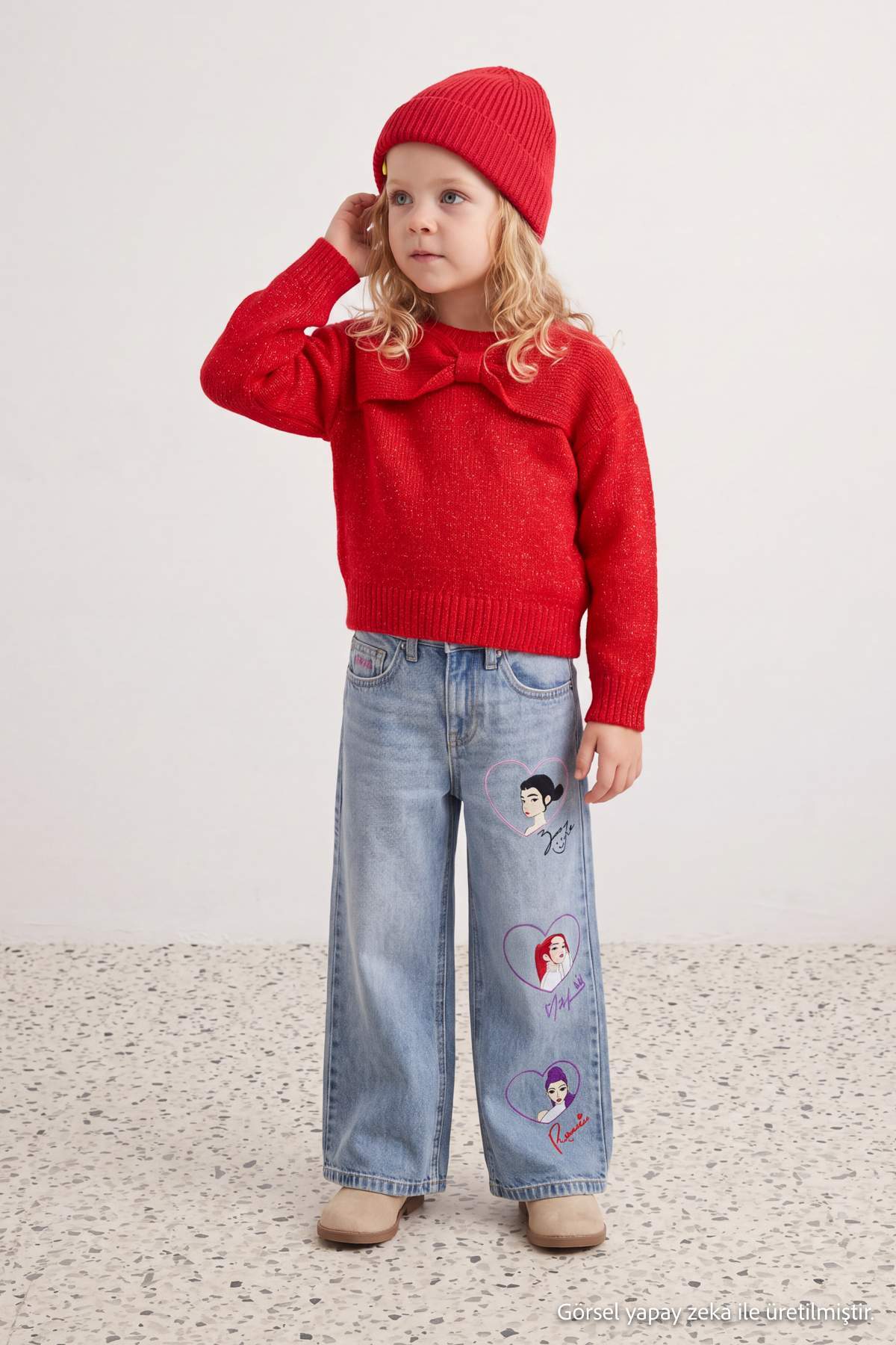 Girls' Red Bow-Front Festive Jumper