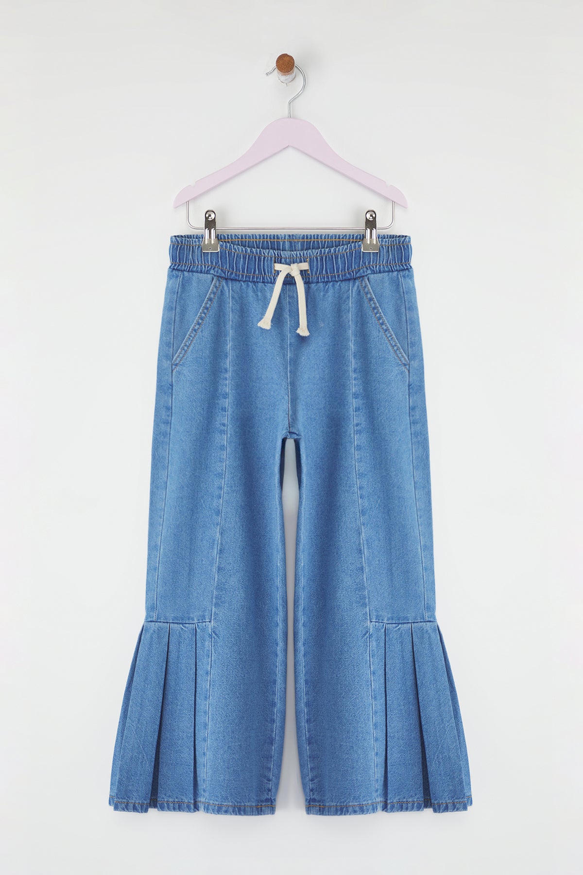 Girls' Light Blue Ruffled Flared Denim Trousers