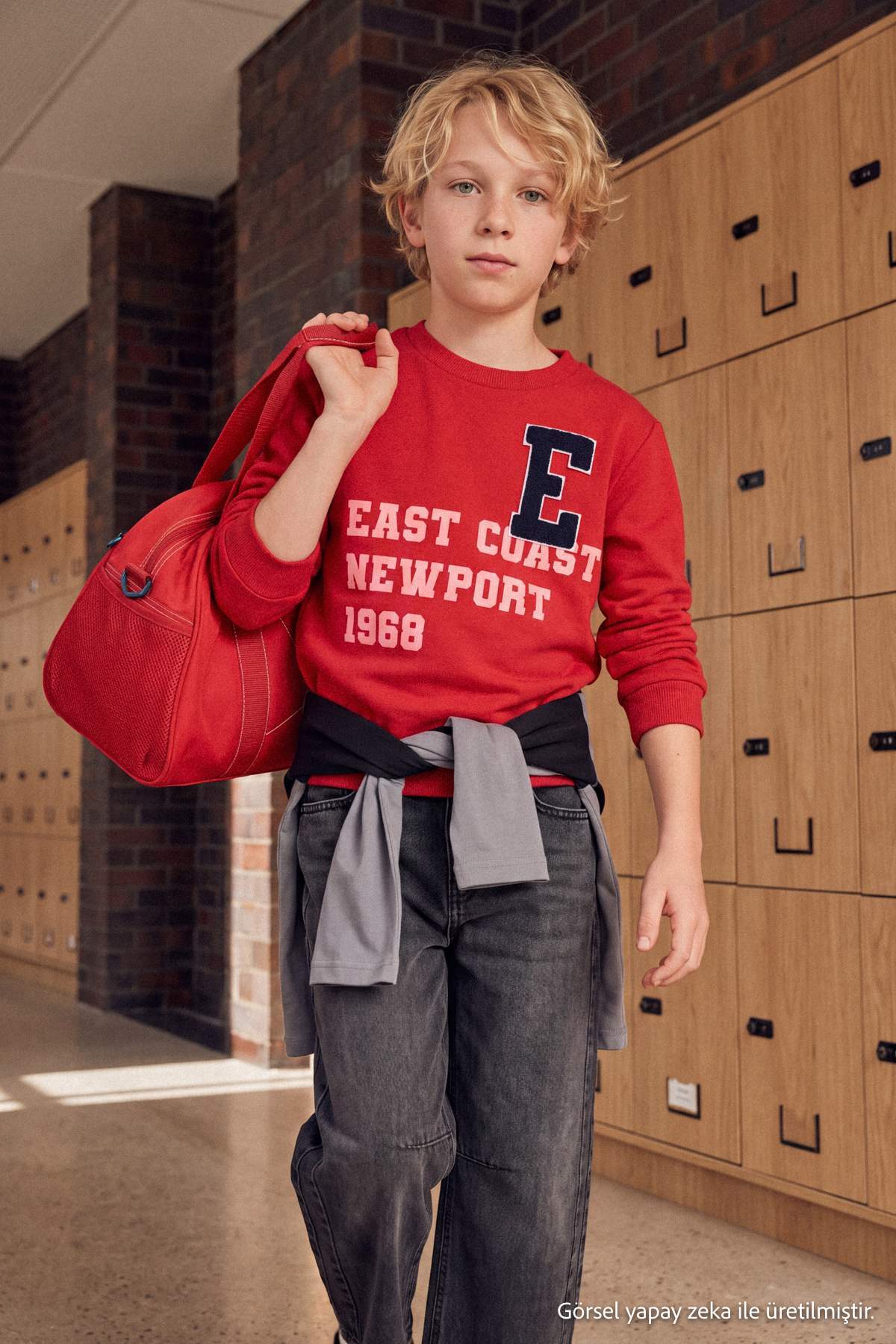 Boys' Red Embroidered Thick Cotton Sweatshirt