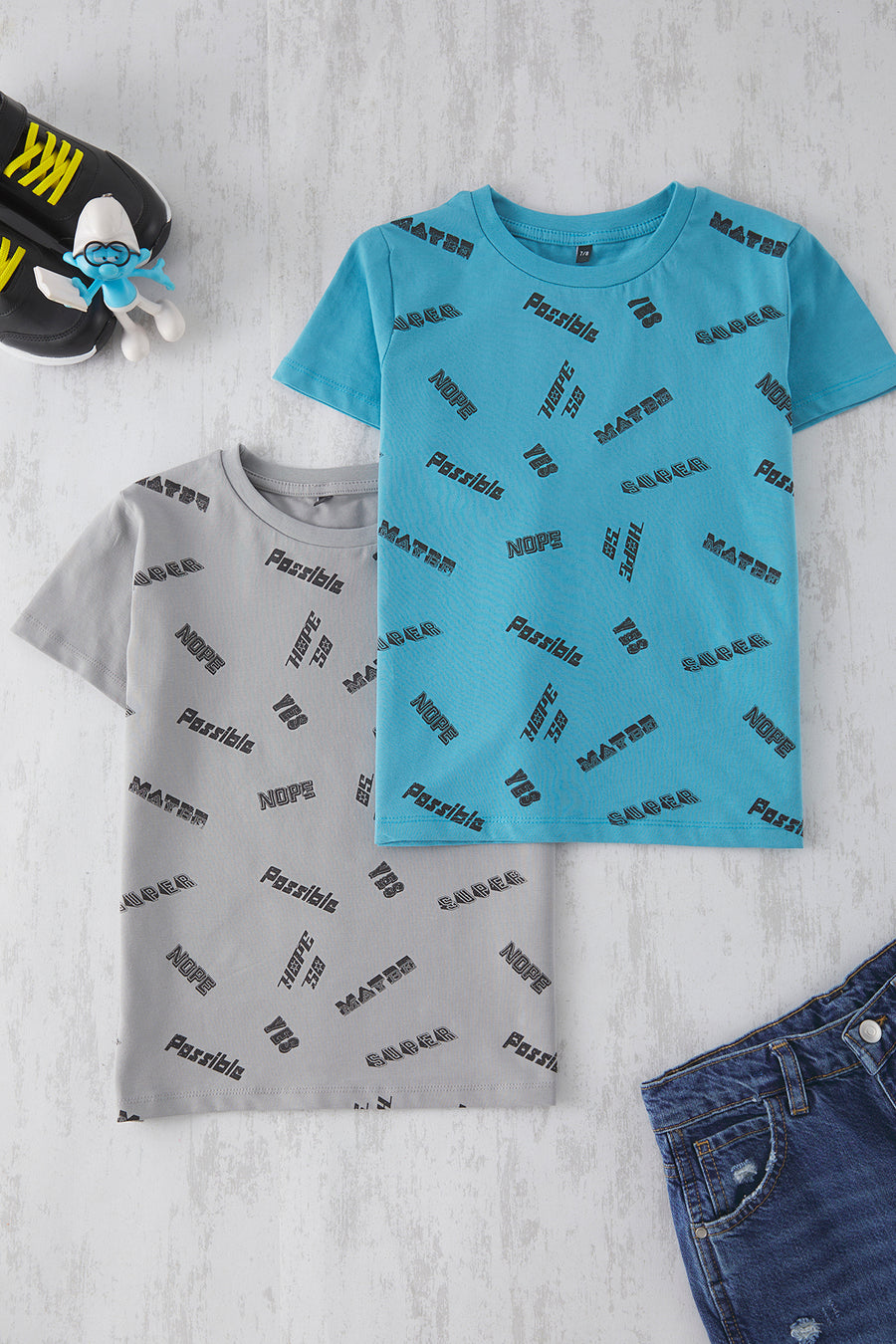Boys' Grey & Blue Printed Cotton T-Shirt 2-Pack