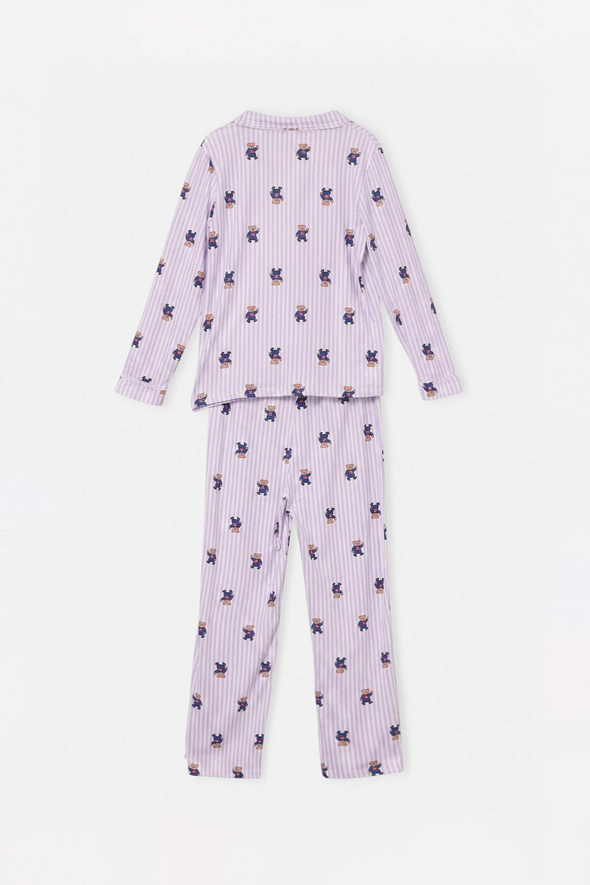 Girls' Pink Soft Patterned Pyjama Set with Shirt Collar