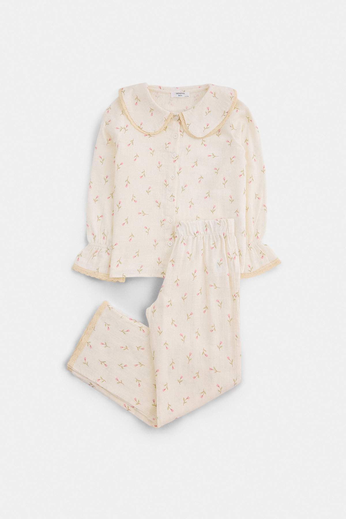 Girls' Ecru Floral Frilled-Collar Pyjama Set