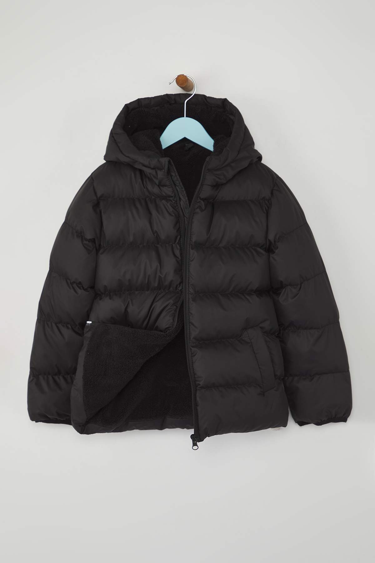 Kids' Green Fleece-Lined Hooded Puffer Coat