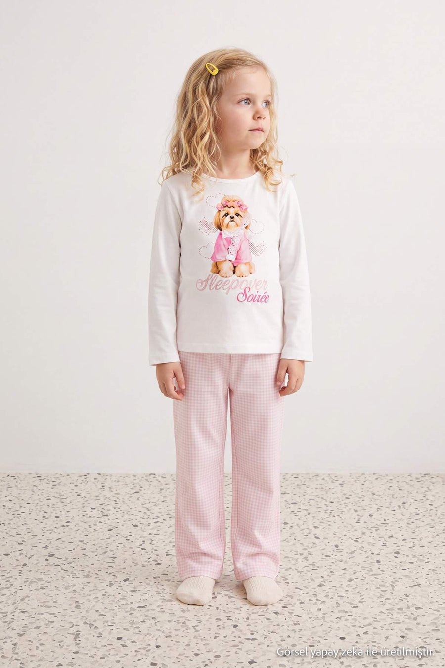 Girls' White Puppy-Print Pyjama Set with Gingham Trousers