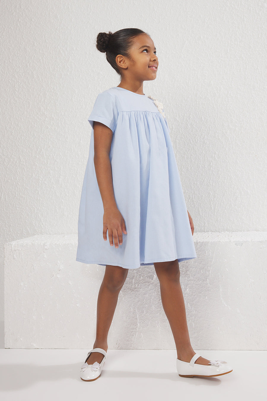 Girls' Light Blue Floral Cotton Party Dress