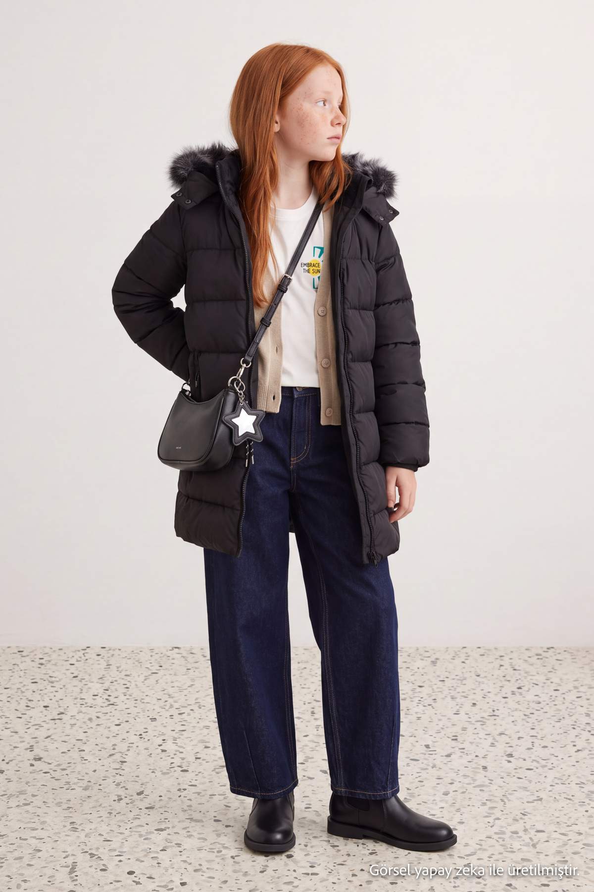 Girls' Black Long Fleece-Lined Hooded Coat