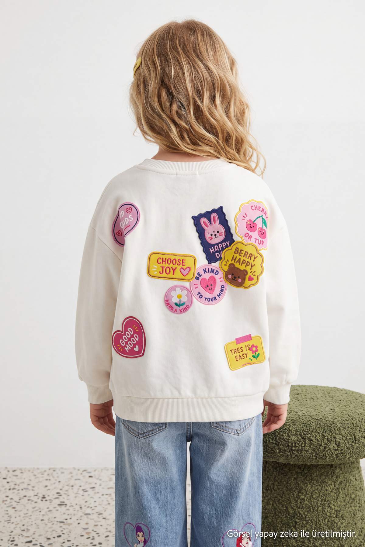 Girls' Ecru Patch-Print Fleece-Lined Sweatshirt