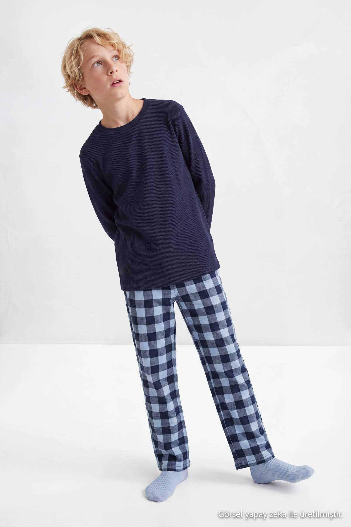 Boys' Navy Top & Checked Trousers Pyjama Set