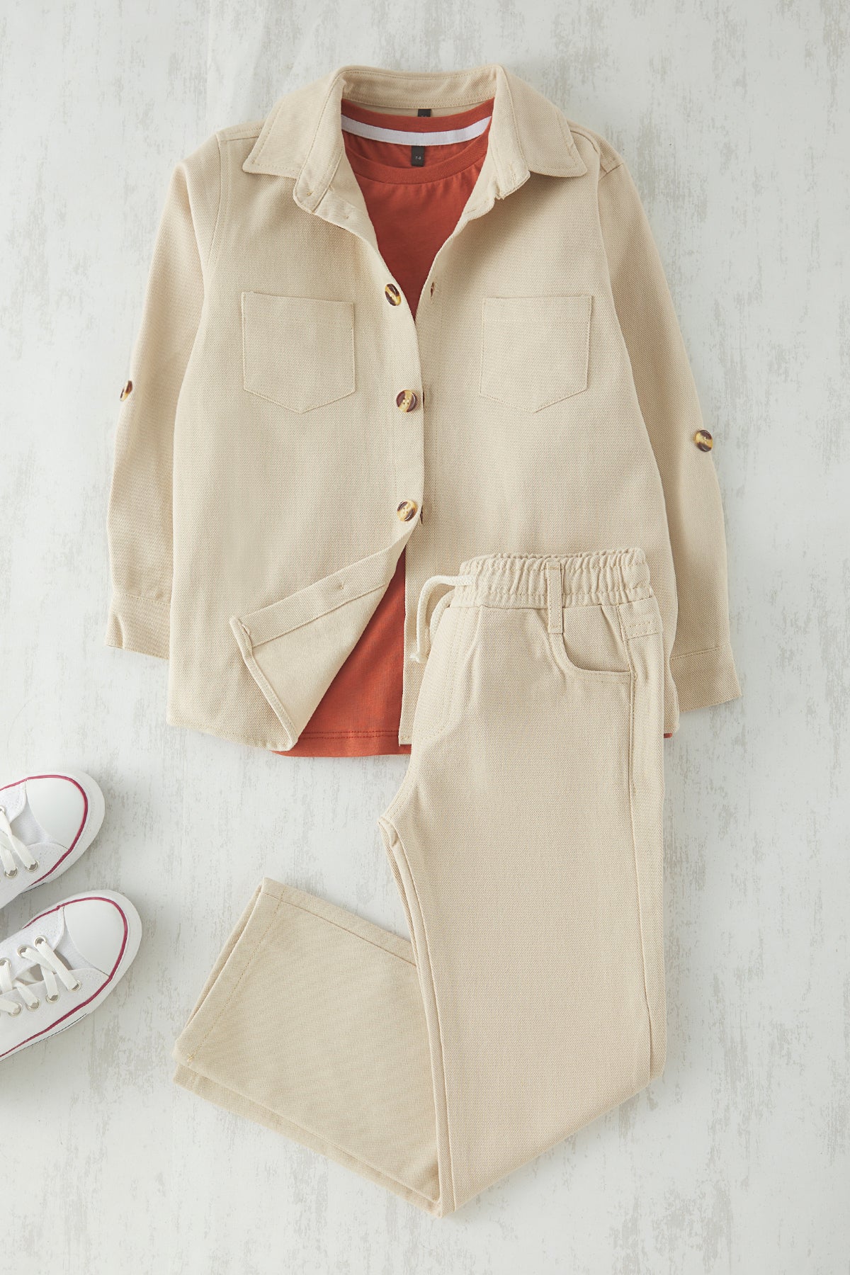 Boys' Beige Cotton Woven Two-Piece Set