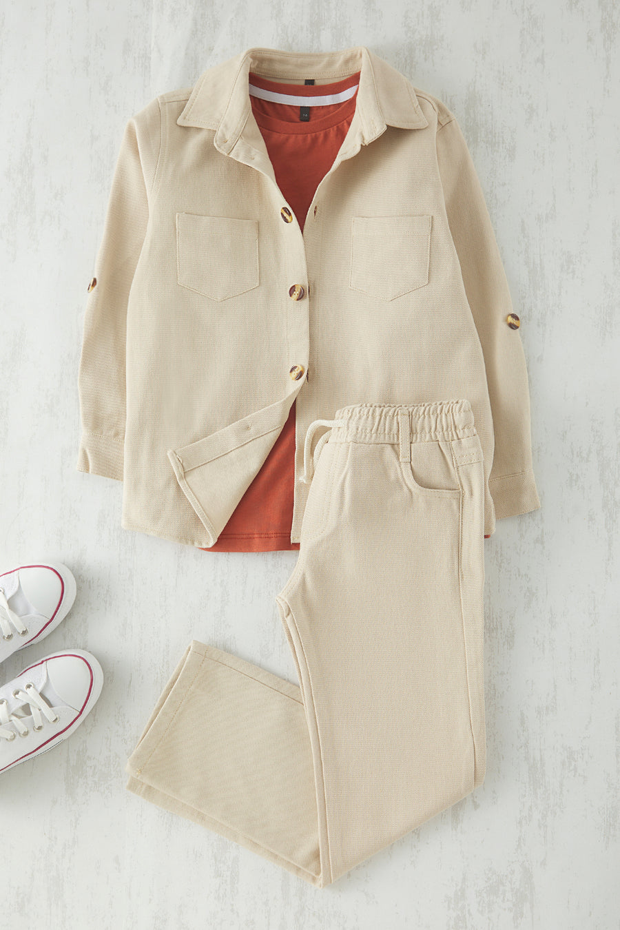 Boys' Beige Cotton Woven Two-Piece Set