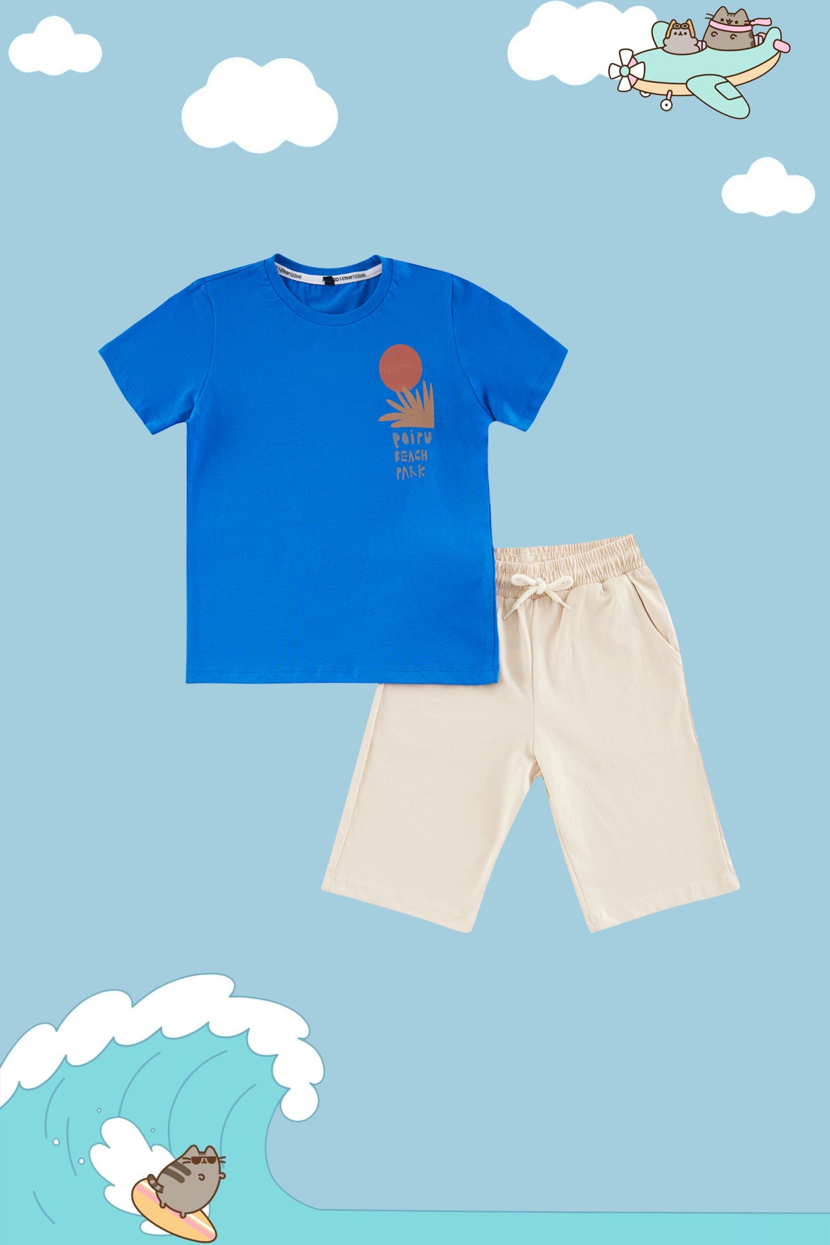 Boys' Saxe Blue Back-Print Cotton T-Shirt & Shorts Set
