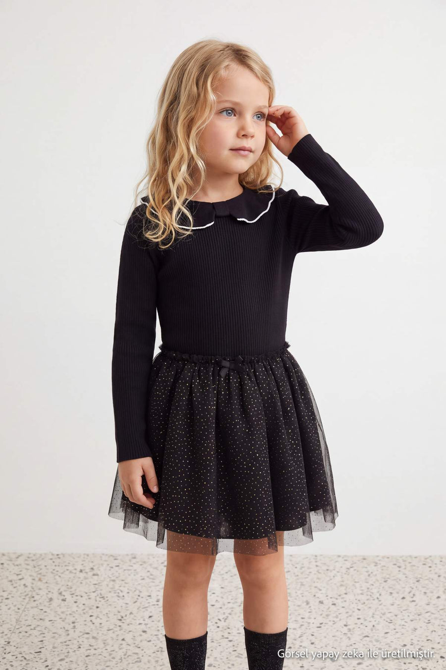 Girls' Black Ribbed Peter Pan Collar T-Shirt