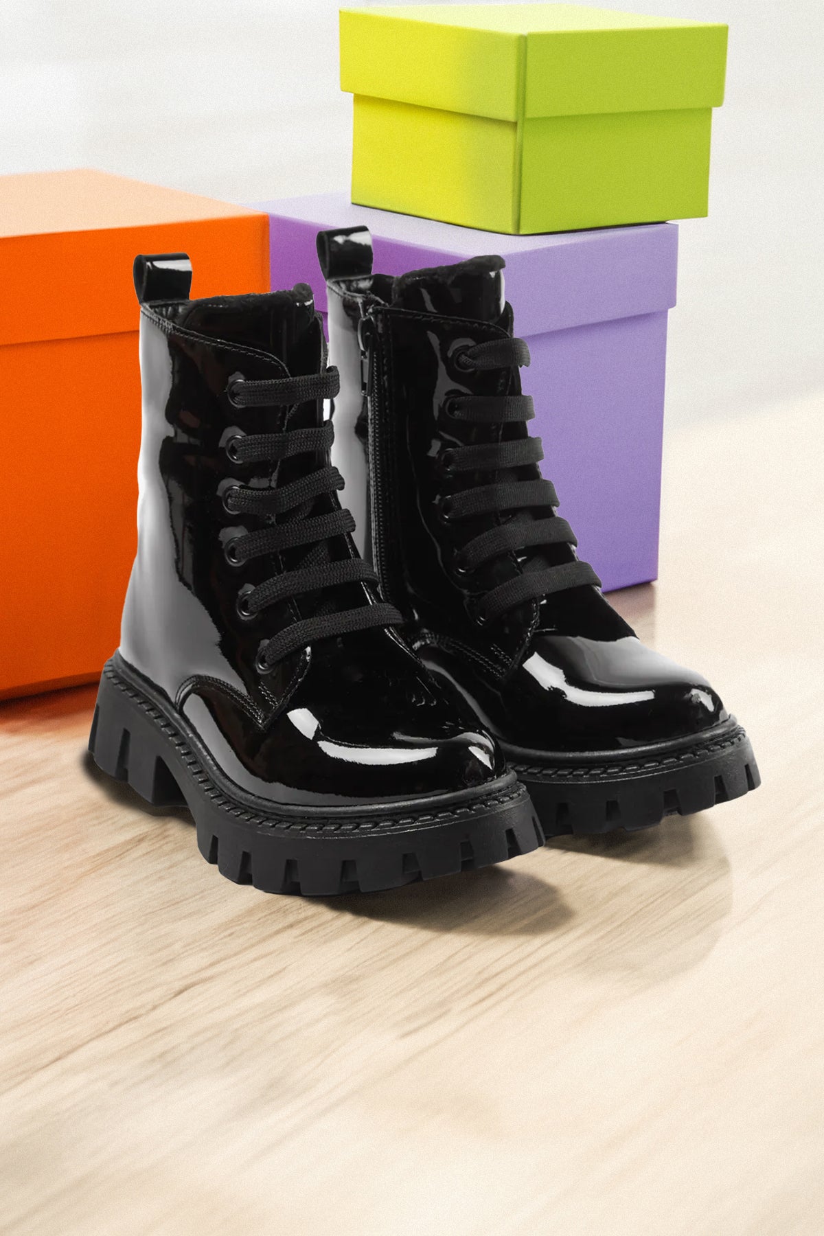 Girls' Classic Black Patent Lace-Up Boots
