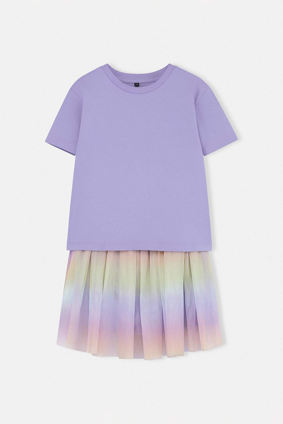 Girls' Lilac T-Shirt & Rainbow Tulle Skirt Set