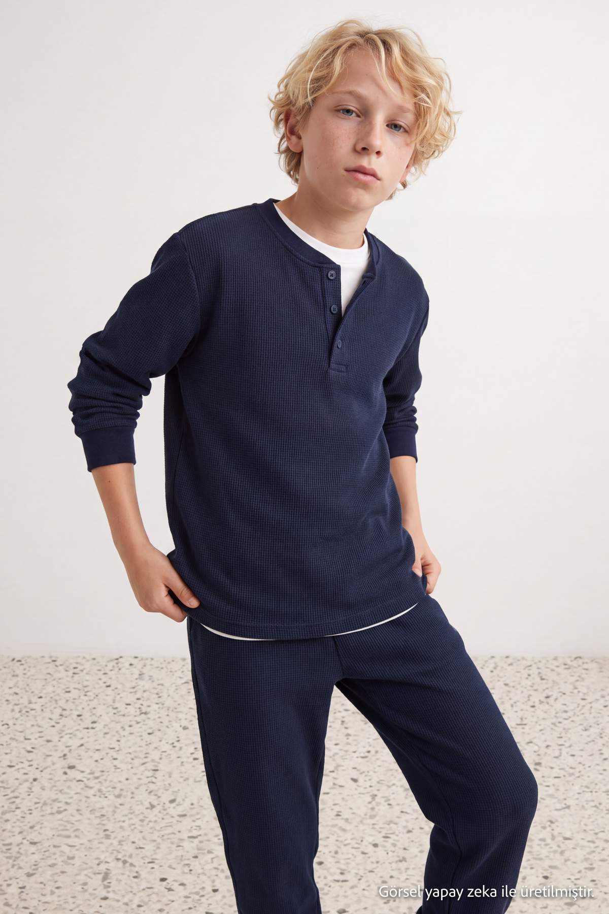 Boys' Navy Textured Henley Pyjama Set