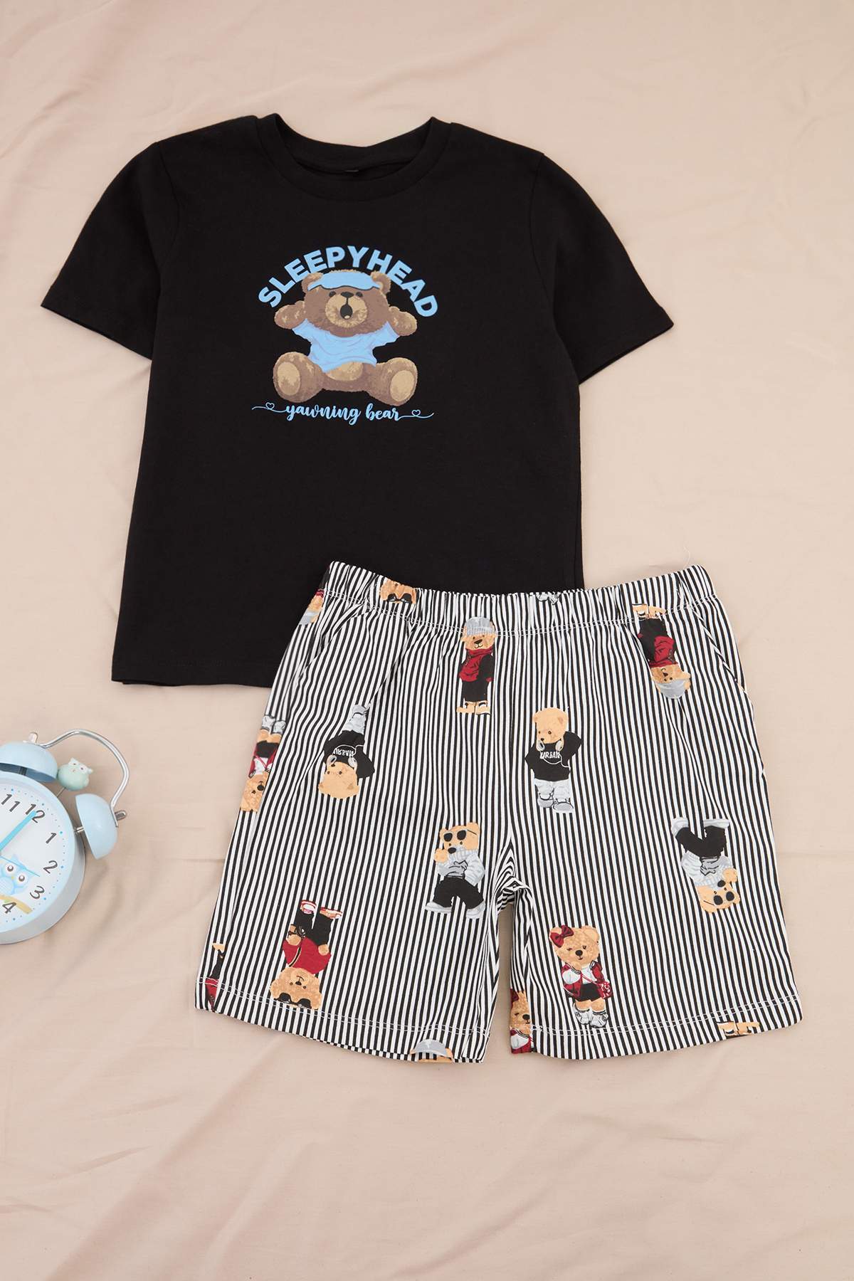 Boys' Black T-Shirt & Teddy-Print Shorts Pyjama Set