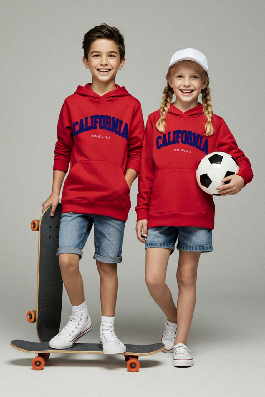 Kids' Red Embroidered Slogan Cotton Sweatshirt