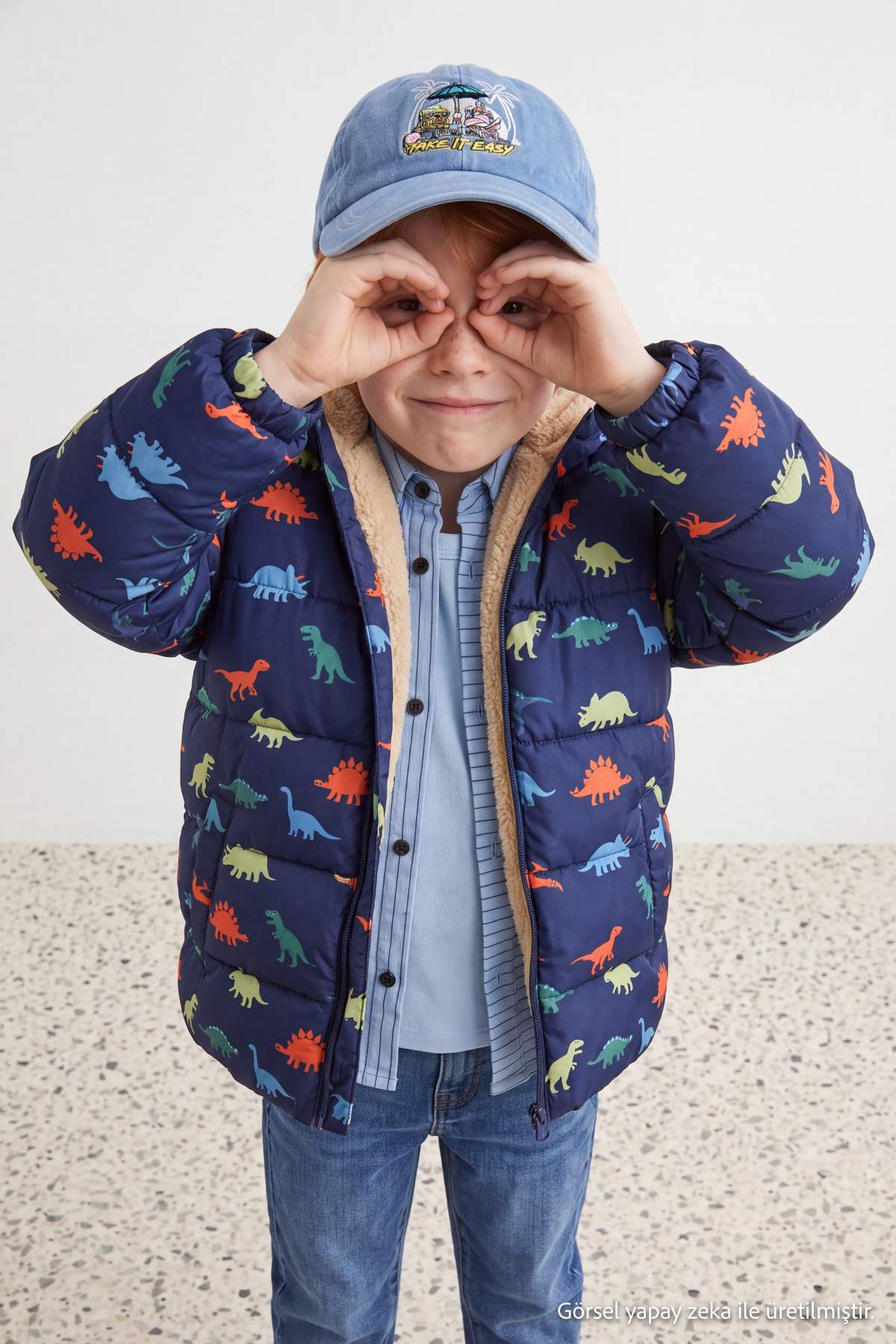 Boys' Navy Dinosaur-Print Fleece-Lined Hooded Puffer Coat
