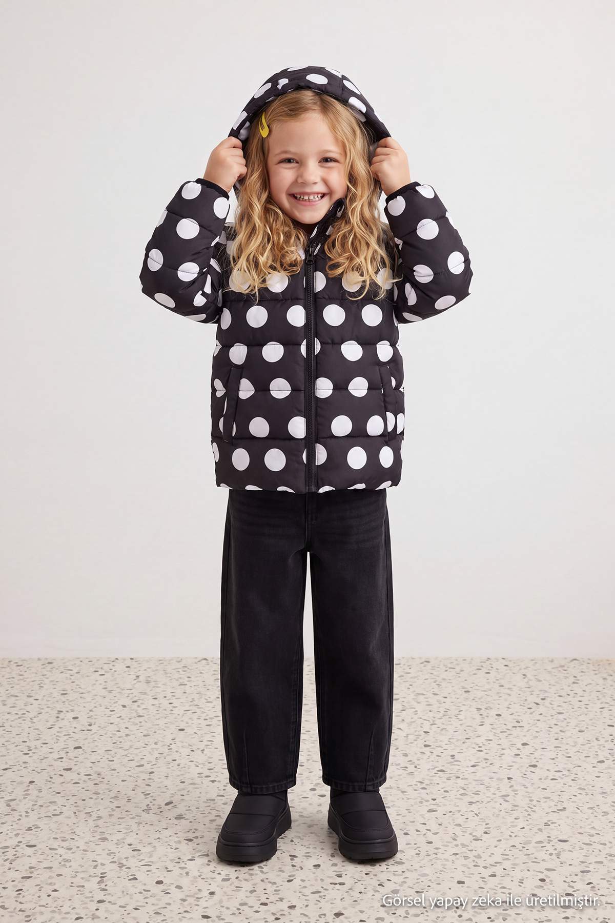 Girls' Black Polka-Dot Fleece-Lined Hooded Puffer Coat