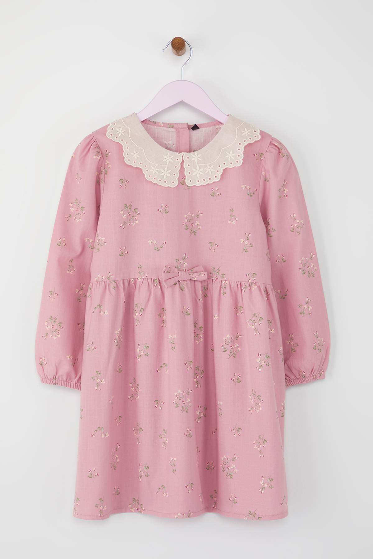 Girls' Dusty Rose Cotton Peter Pan Collar Midi Dress