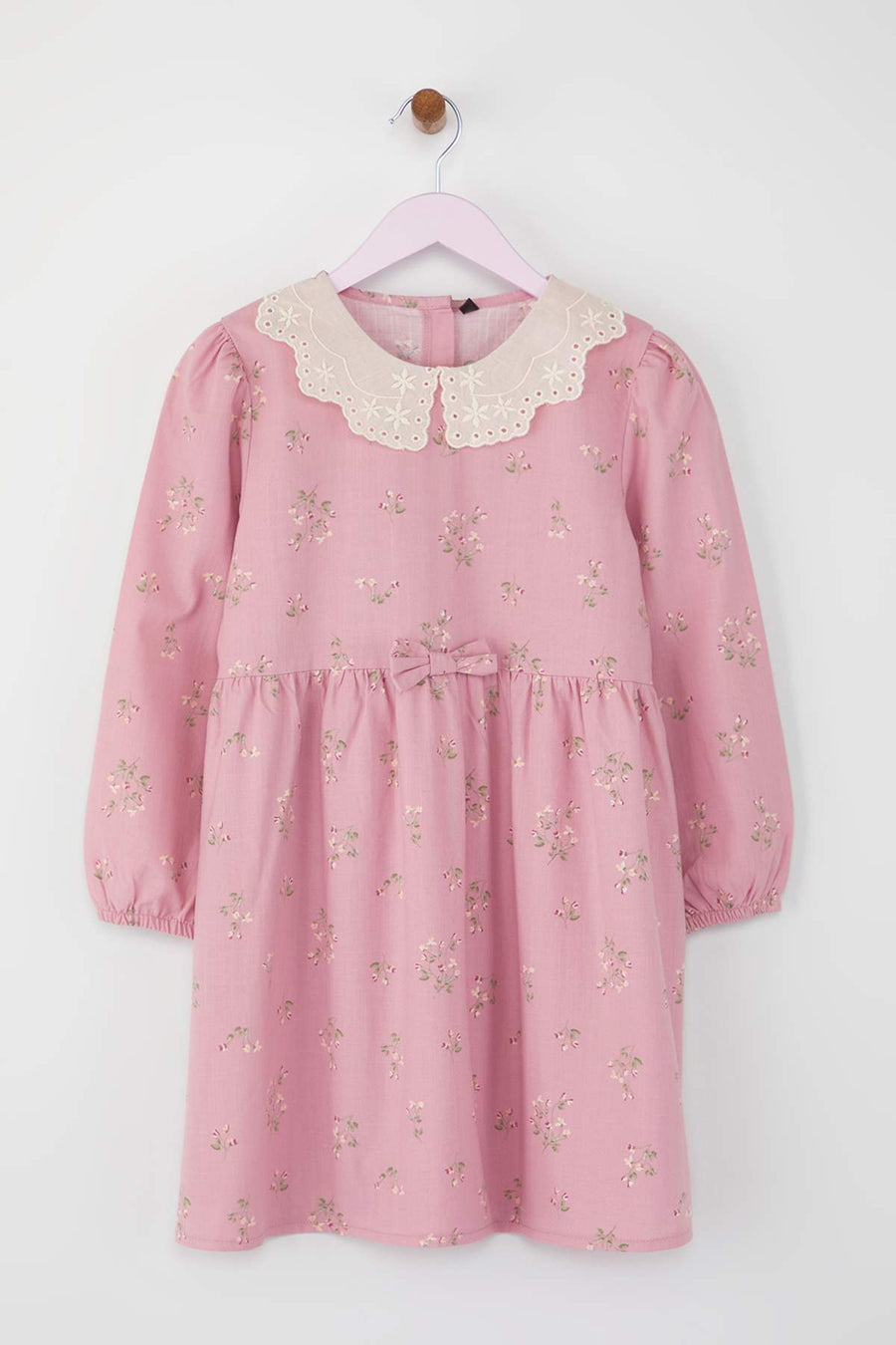 Girls' Dusty Rose Cotton Peter Pan Collar Midi Dress