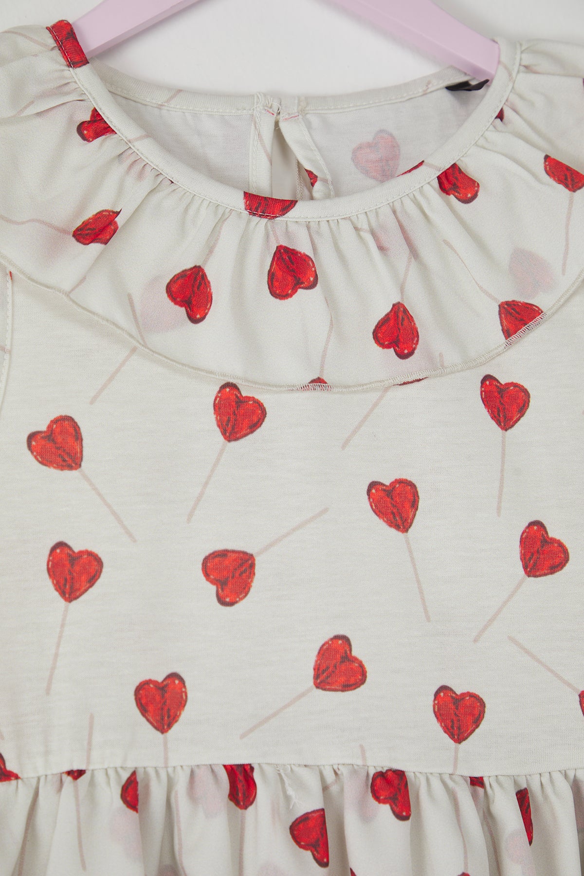 Girls' Ecru Heart-Print Short-Sleeve Mini Dress