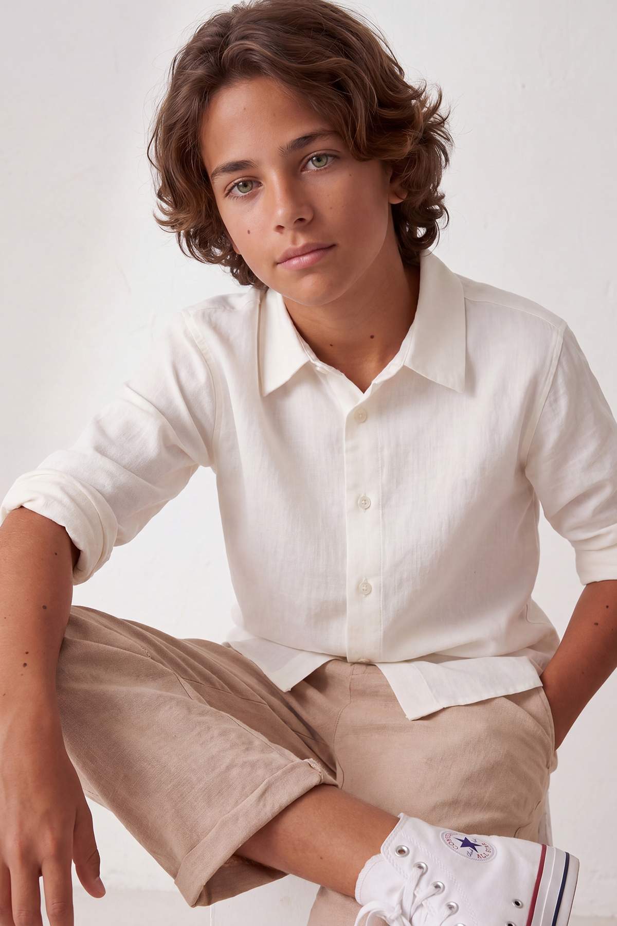 Boys' Ecru Cotton Short-Sleeve Shirt