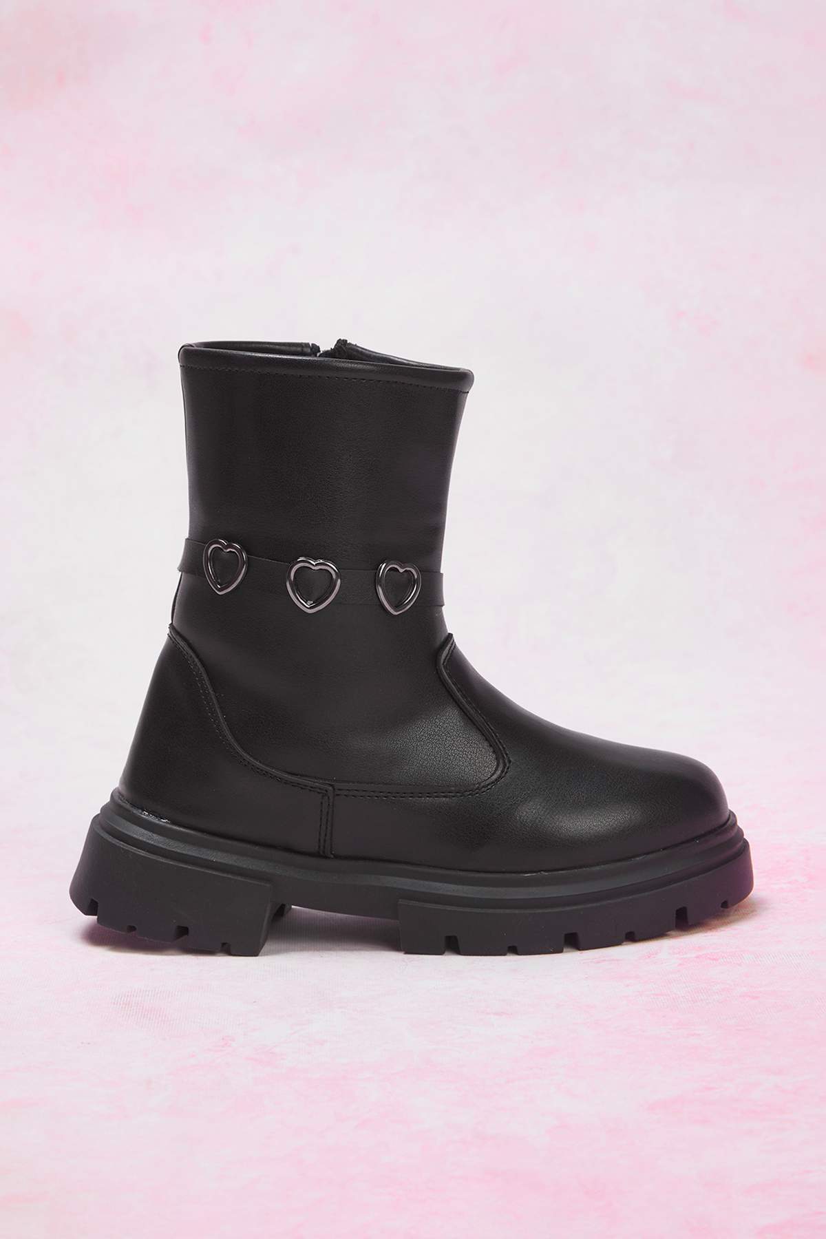 Girls' Black Heart-Buckle Zip Boots