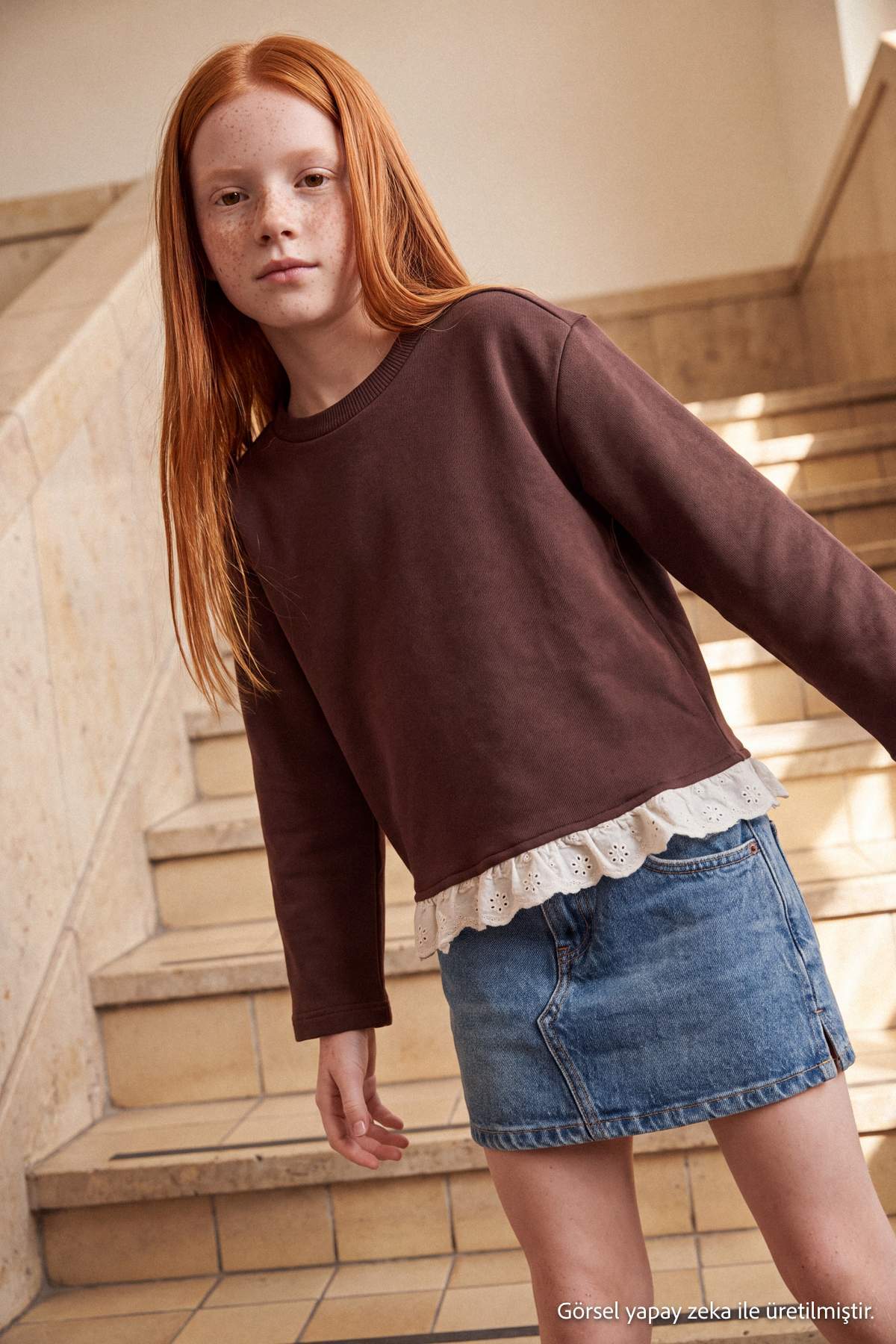 Girls' Brown Thick Cotton Crew-Neck Sweatshirt