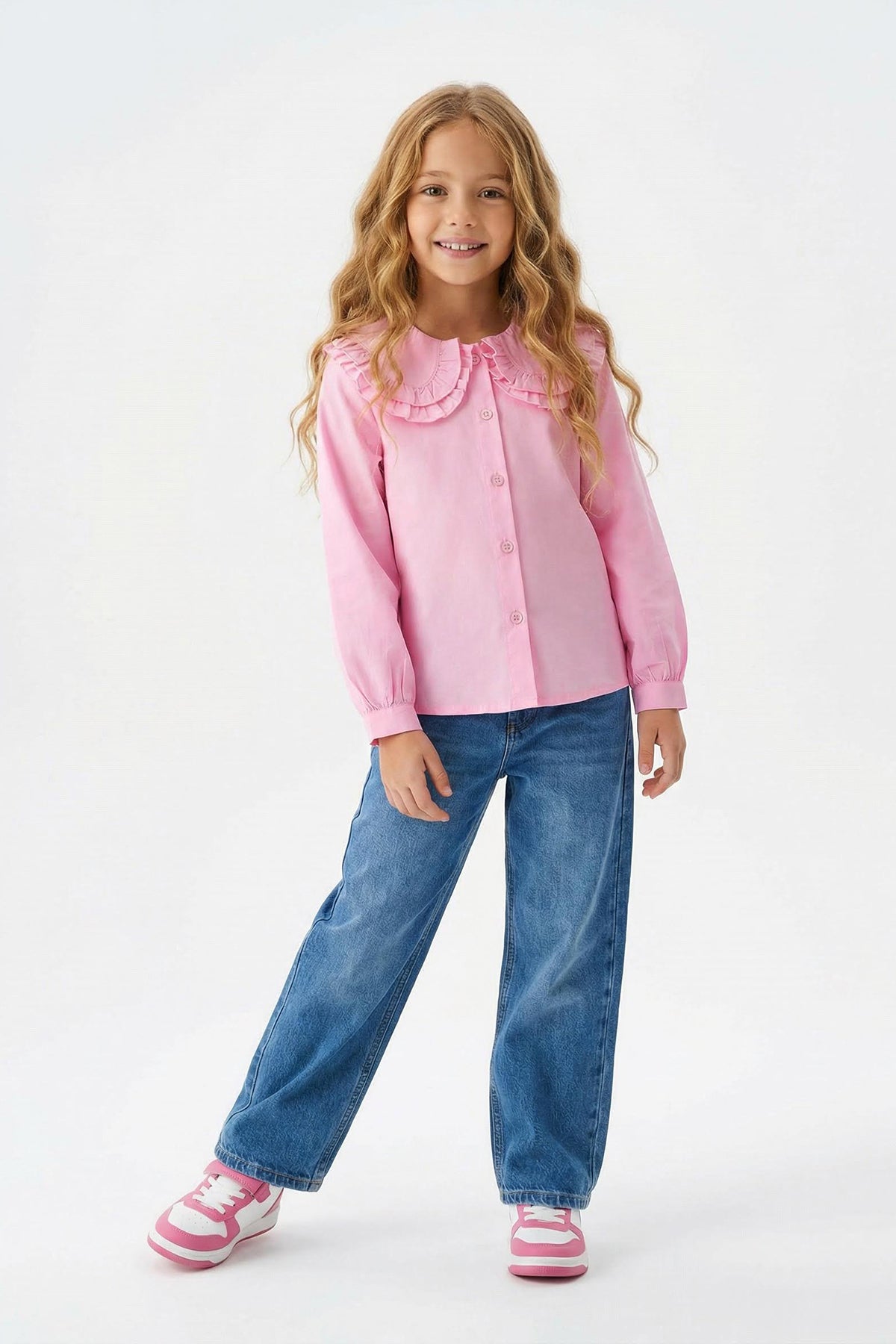 Girls' Pink Peter Pan Collar Long-Sleeve Shirt