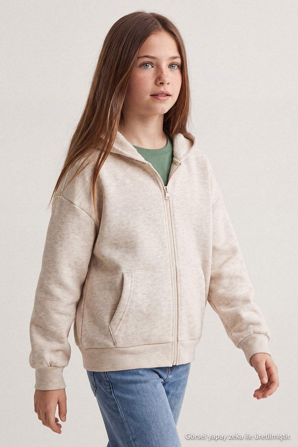 Girls' Ecru Thick Zip-Up Hoodie