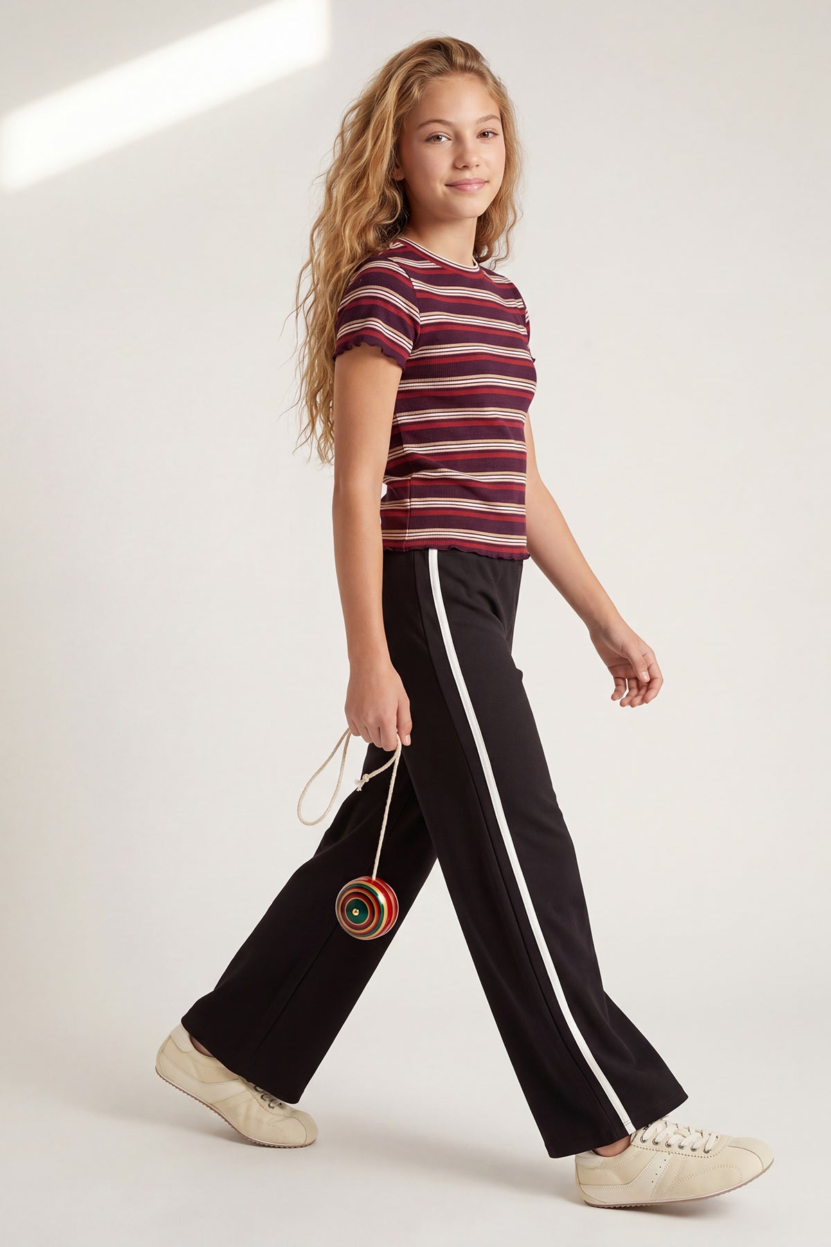 Girls' Piped Stretch Cotton Wide-Leg Trousers
