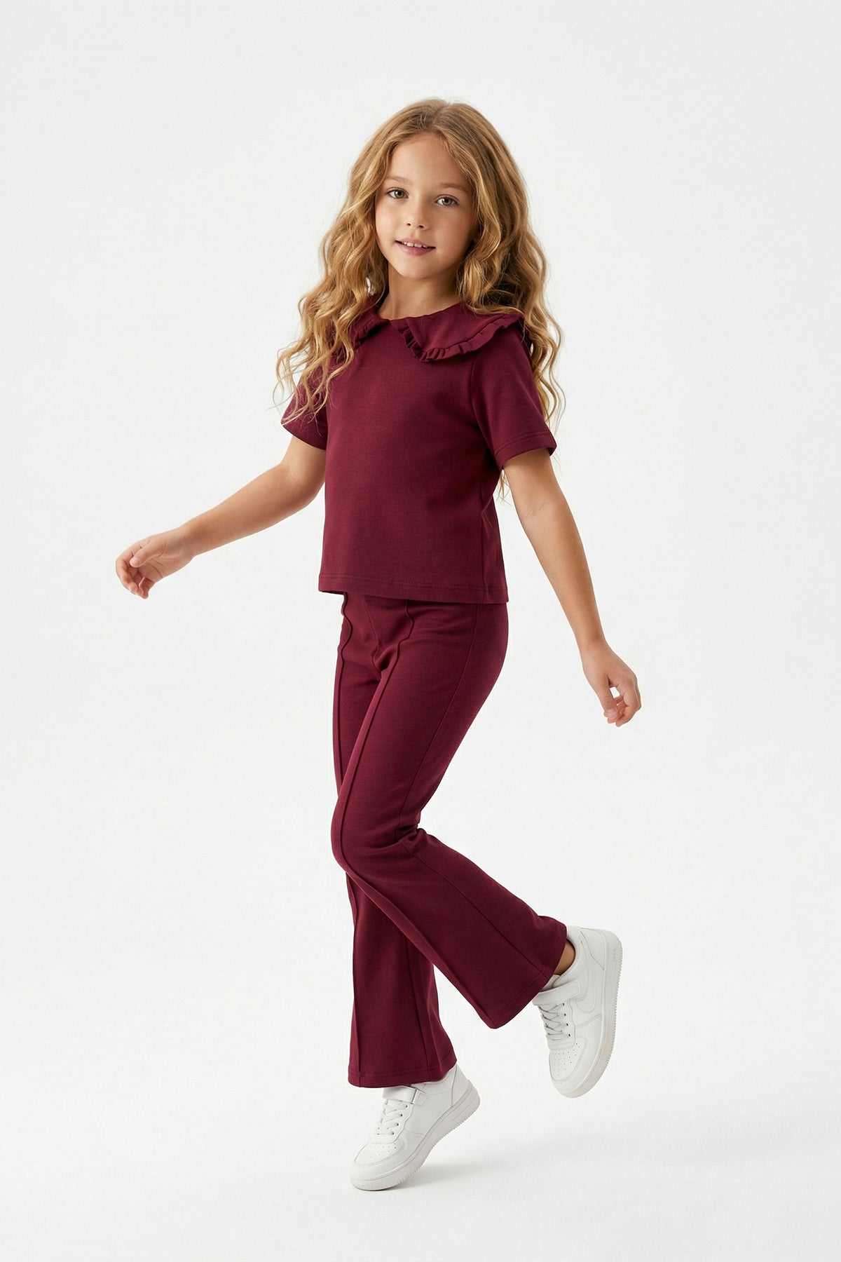 Girls' Burgundy Peter Pan Collar Two-Piece Set