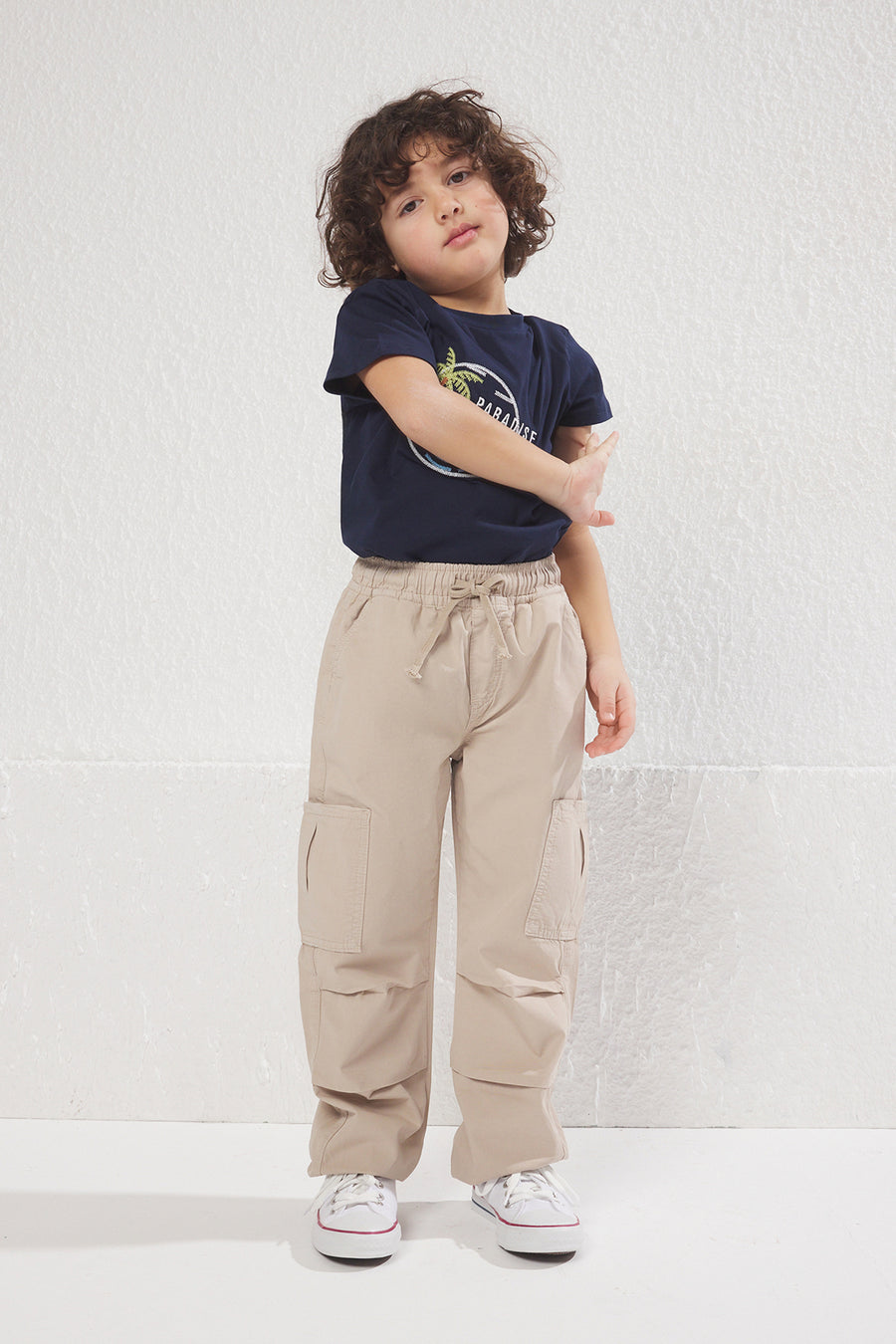 Boys' Beige Cotton Drawstring Trousers with Pockets