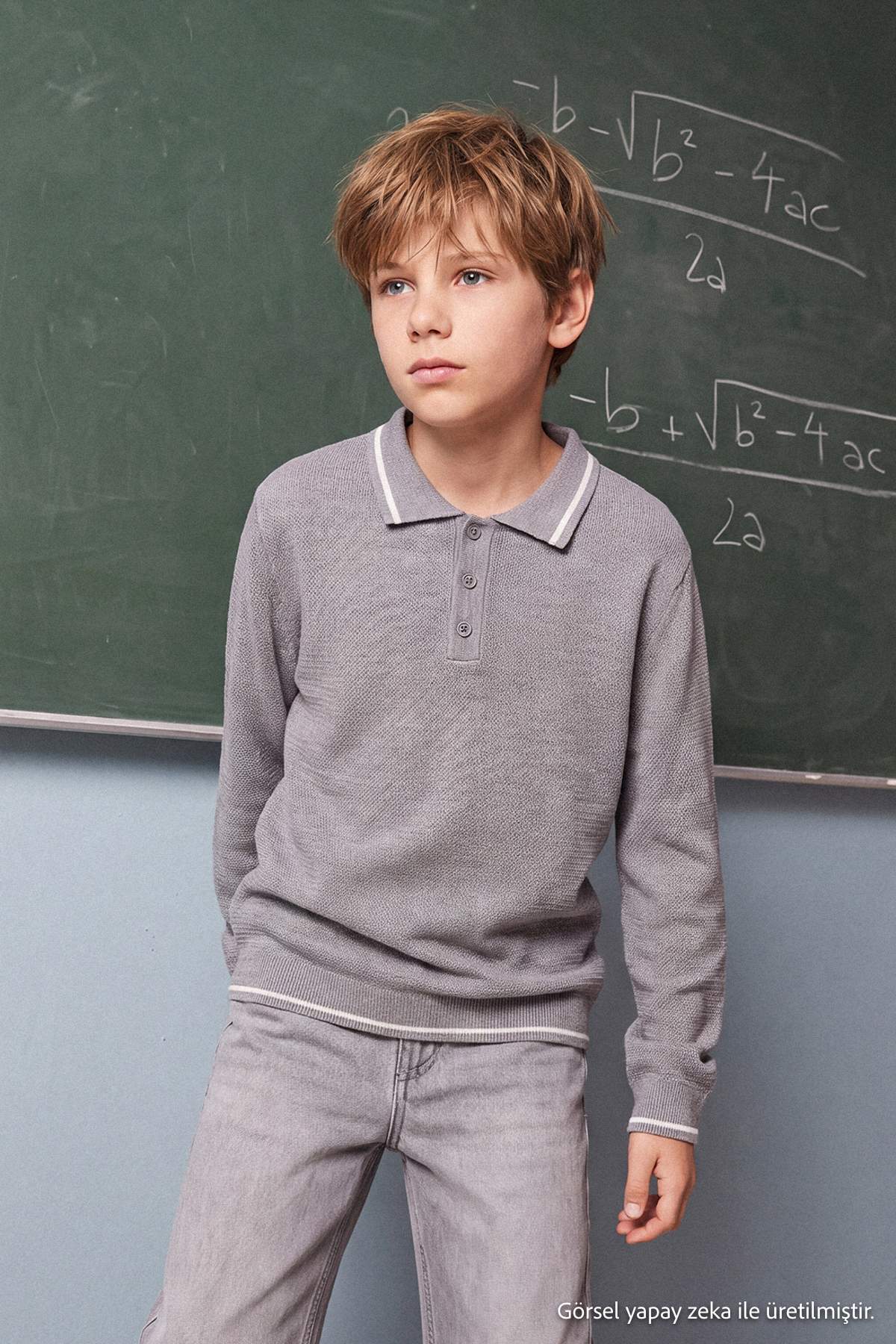 Boys' Grey Marl Polo-Collar School Jumper
