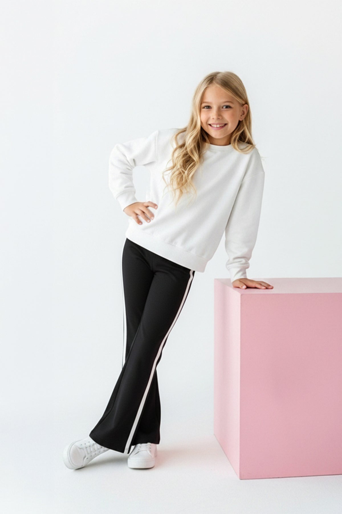 Girls' Piped Stretch Cotton Wide-Leg Trousers