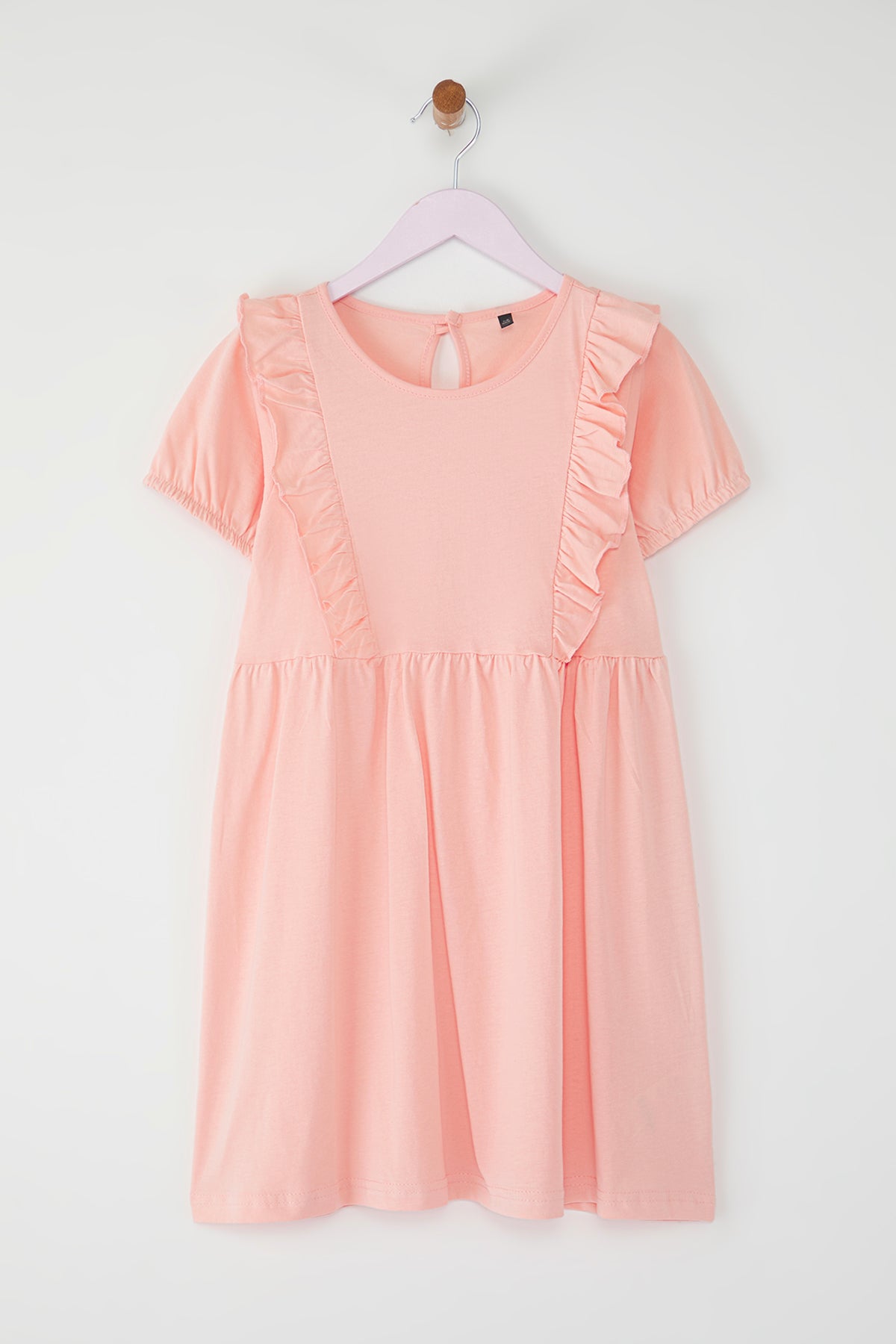 Girls' Salmon Frilled Cotton Mini Dress