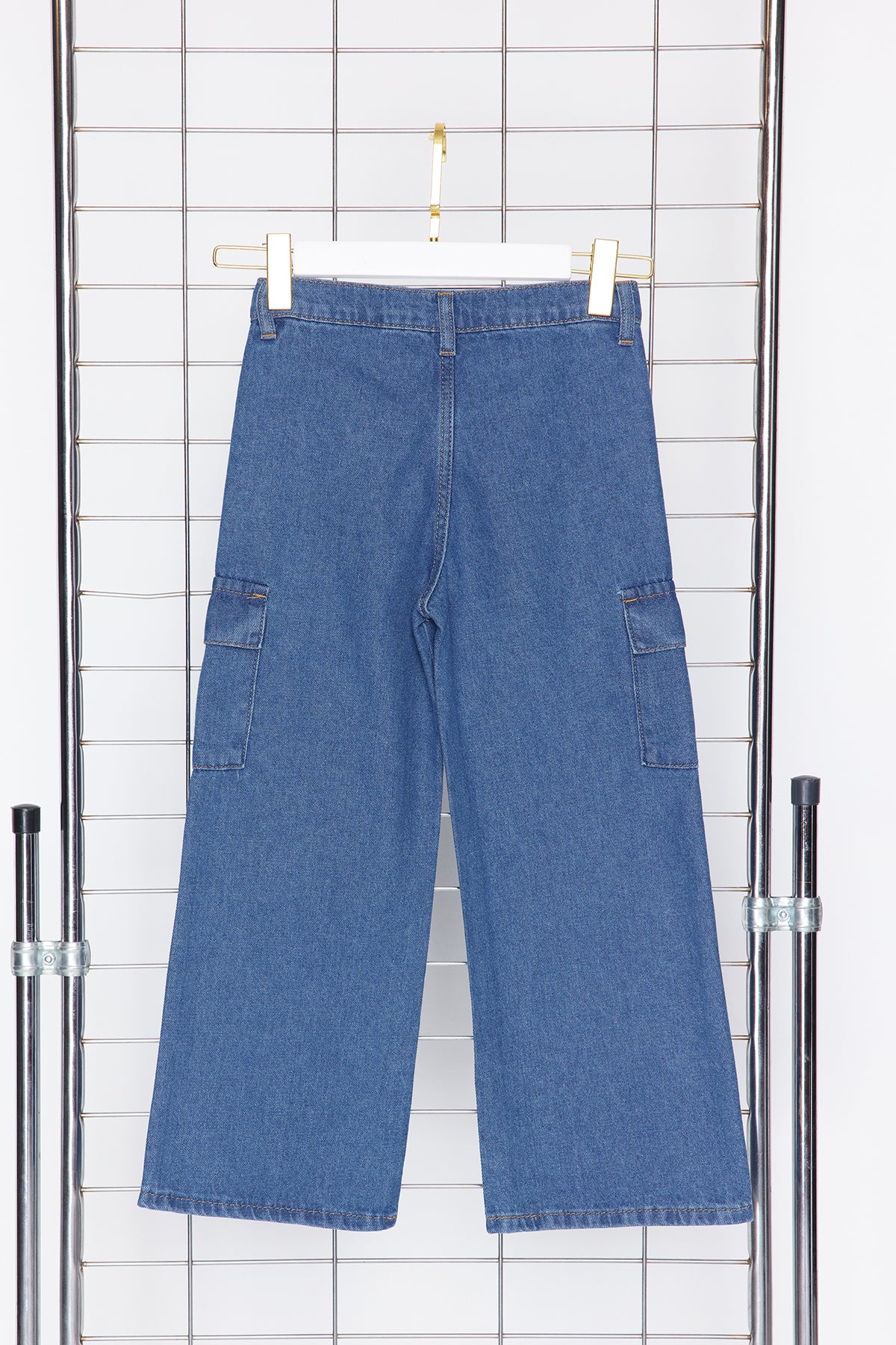 Girls' Dark Blue Wide-Leg Cargo Jeans