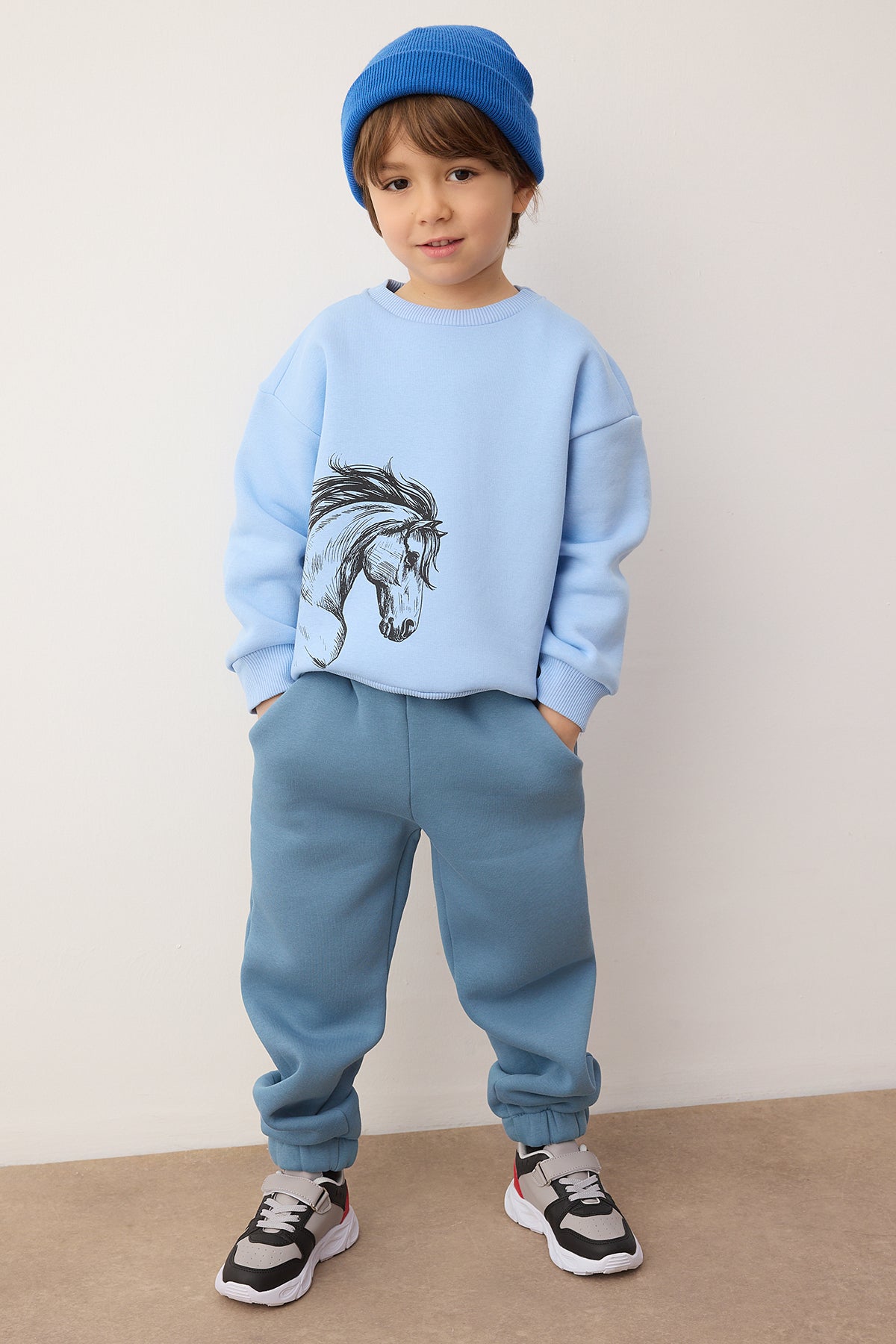 Boys' Blue Horse-Print Fleece-Lined Two-Piece Set
