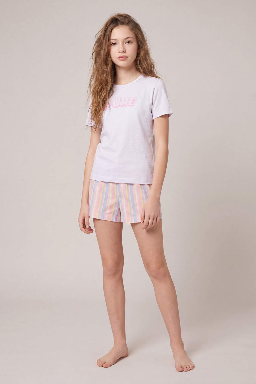 Girls' Pink Printed T-Shirt & Striped Shorts Pyjama Set