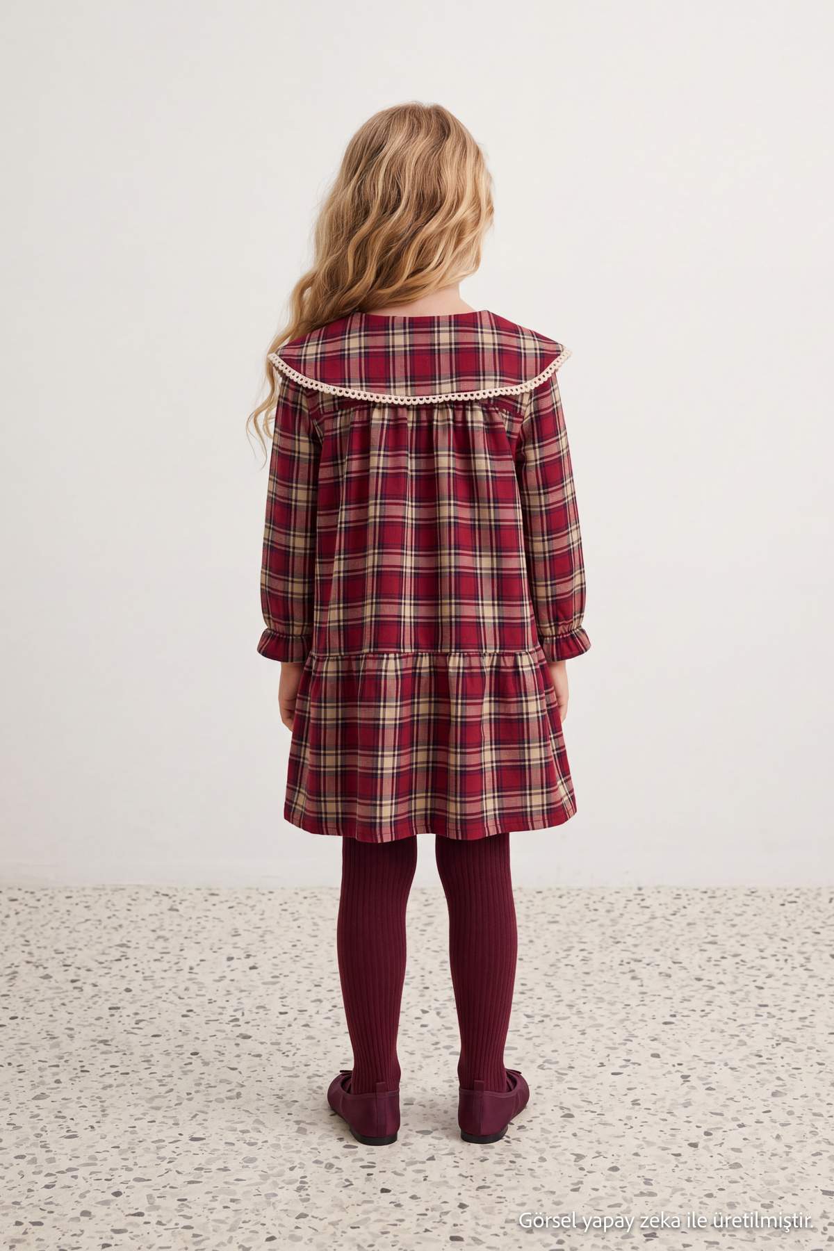 Girls' Burgundy Plaid Collared Dress