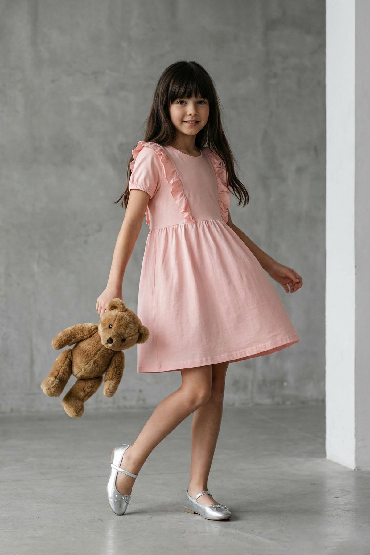 Girls' Salmon Frilled Cotton Mini Dress