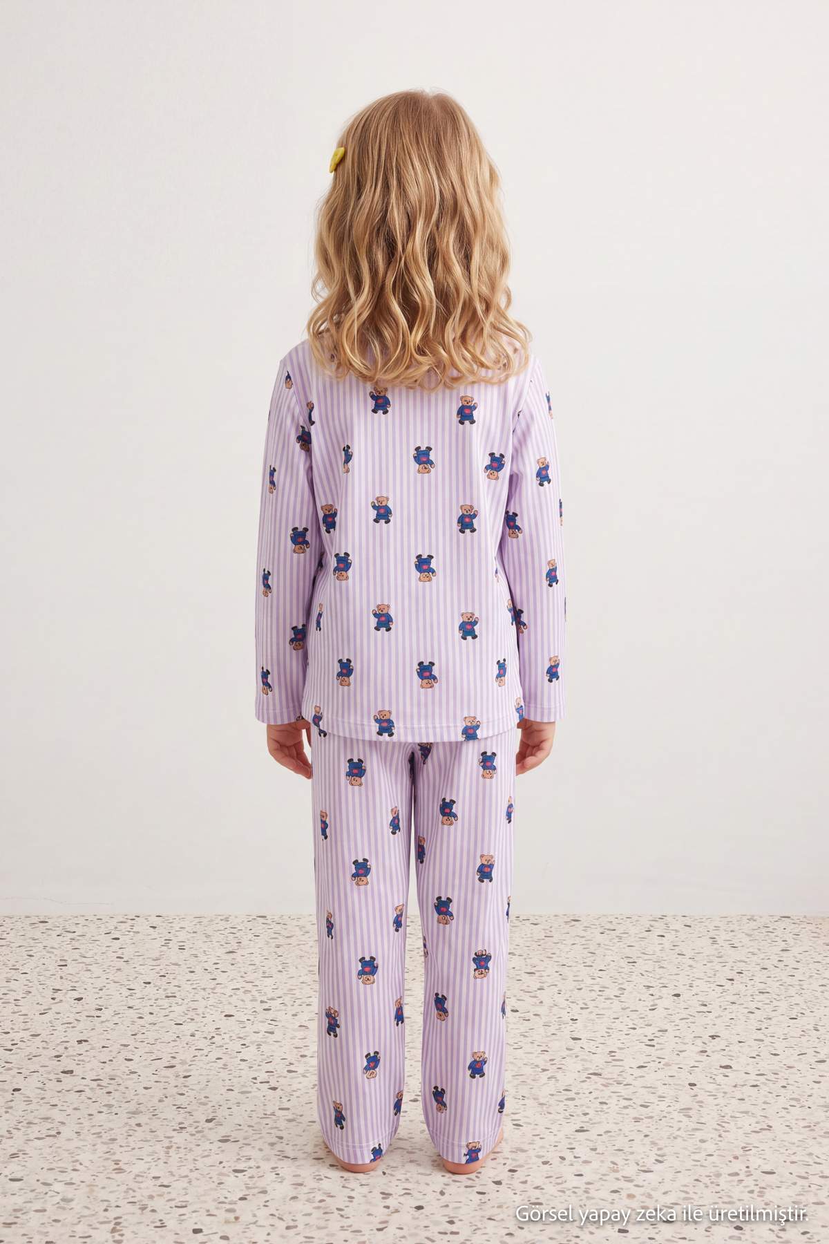 Girls' Pink Soft Patterned Pyjama Set with Shirt Collar