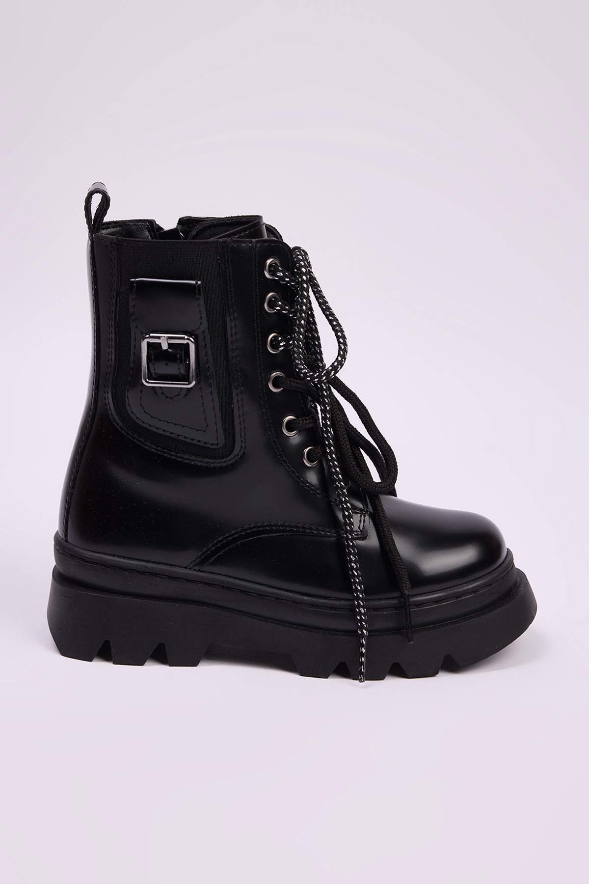 Girls' Black Two-Tone Lace-Up Combat Boots with Zip