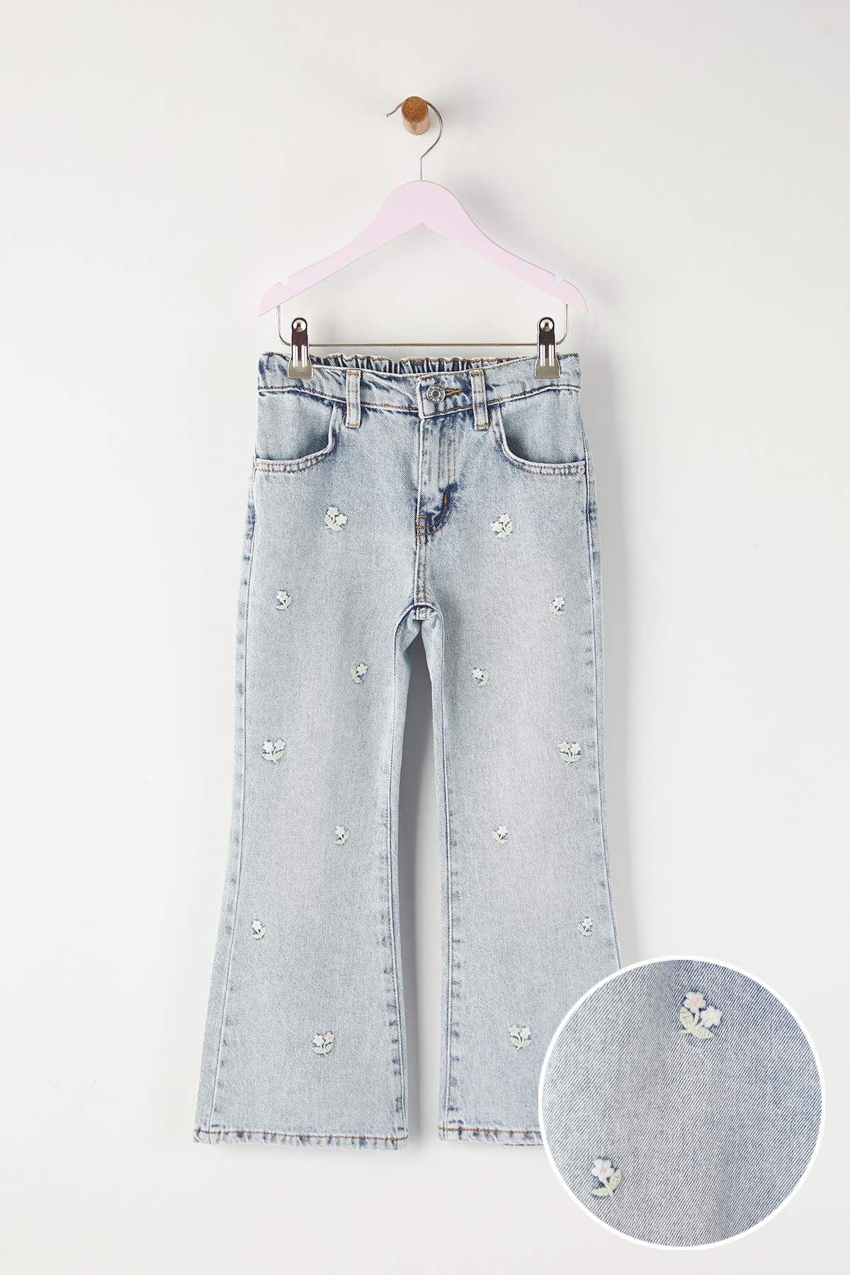 Girls' Floral-Embroidered Cotton Wide-Leg Jeans