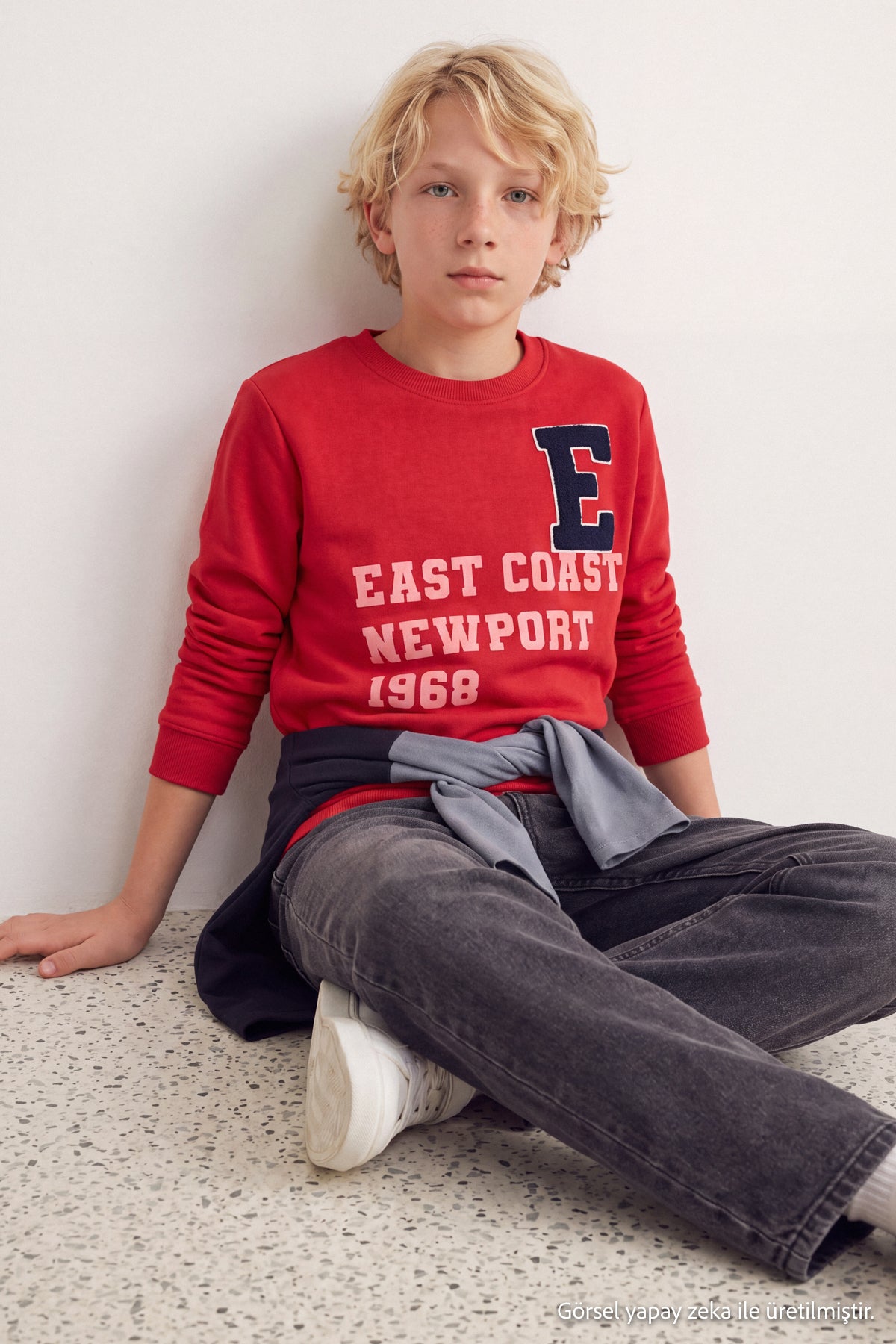 Boys' Red Embroidered Thick Cotton Sweatshirt